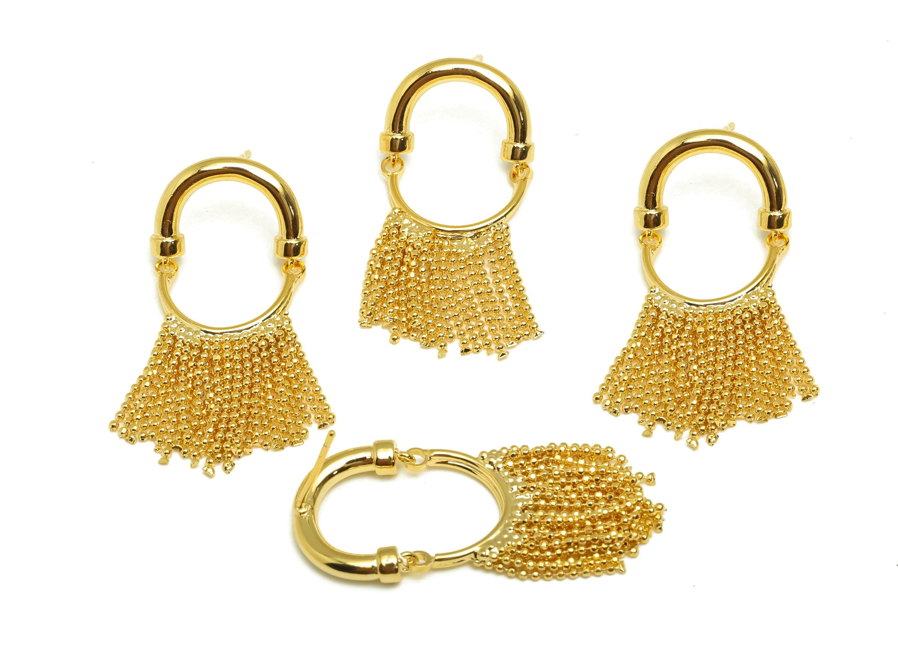 Brass Earring Tassel Stud - Brass Hoop Dangle Tassel Earring - Beaded Chain Earring Post - 18K Real Gold Plating - 37x16.86x2.5mm - RGP7562 - DOMEDBAZAAR