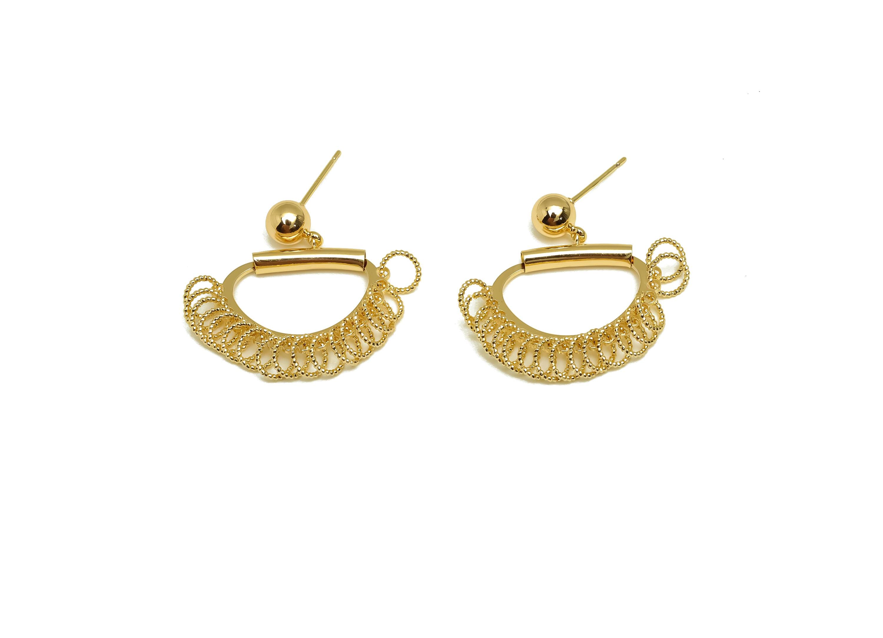 Ball Rings Dangle Earring Stud - Brass Rings Earring Post - Brass Copper Pipe Earring Post  - 18K Real Gold Plating - 30x23x3mm - RGP7561 - DOMEDBAZAAR