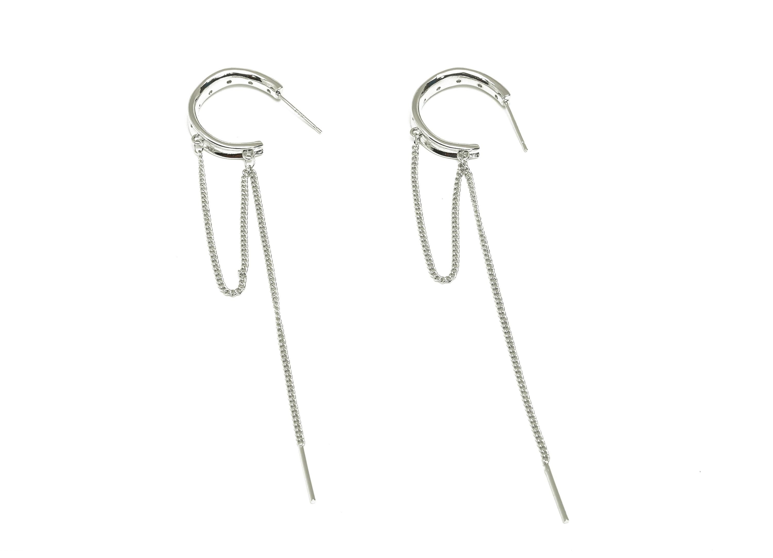 Brass C Tassel Chian Earring - Round Zircon Chian Earring Post - White CZ Tassel Chian Ear - 18K Real Gold Plated -101x21.5x4.94mm - RGP7617 - DOMEDBAZAAR