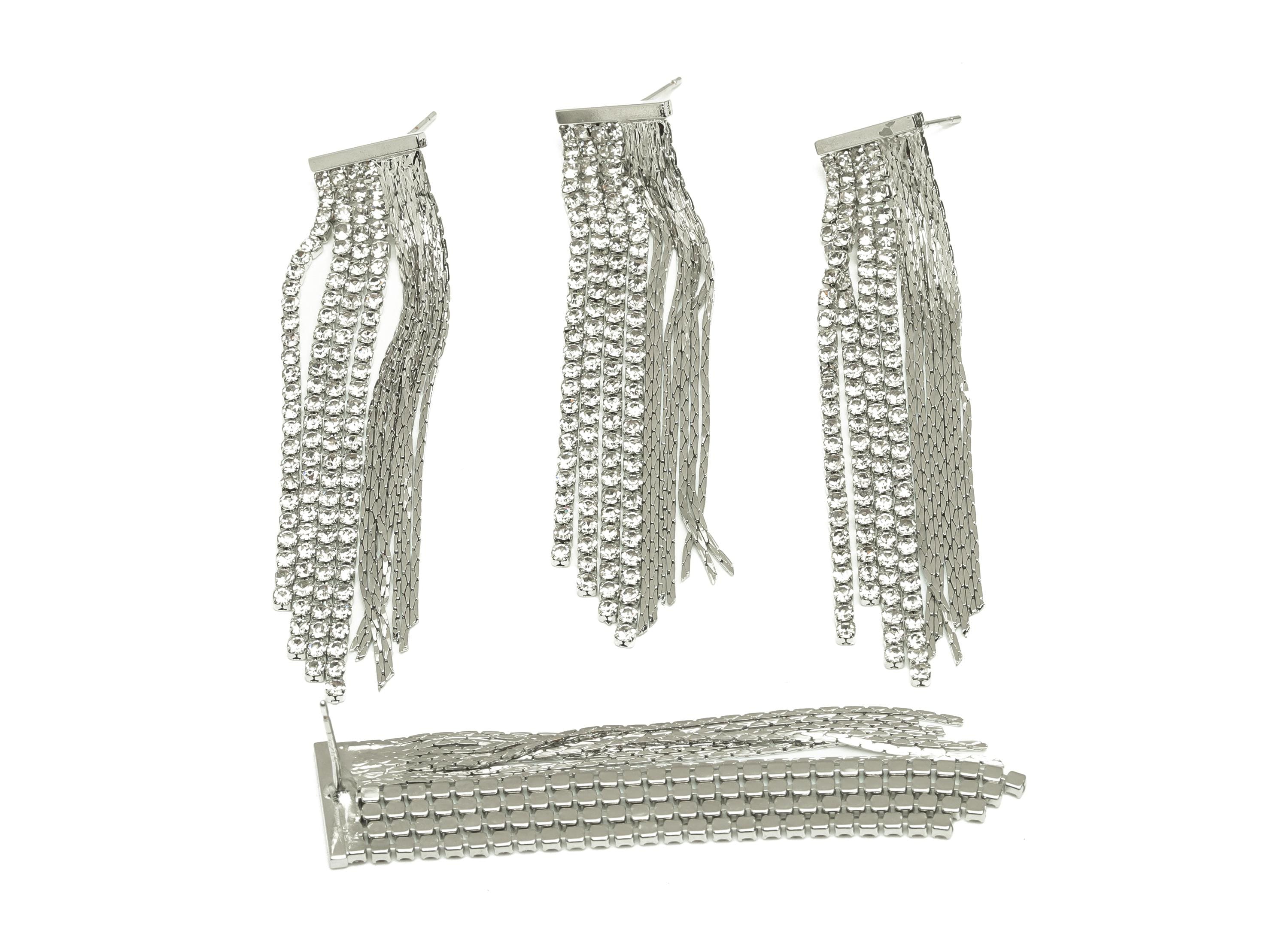 Brass Tassel Chian Ear - Zircon Snake Chian Earring Post - White CZ Long Chian Ear - 18K Real White Gold Plated - 56.5x12.27x1.8mm - RGP7620 - DOMEDBAZAAR
