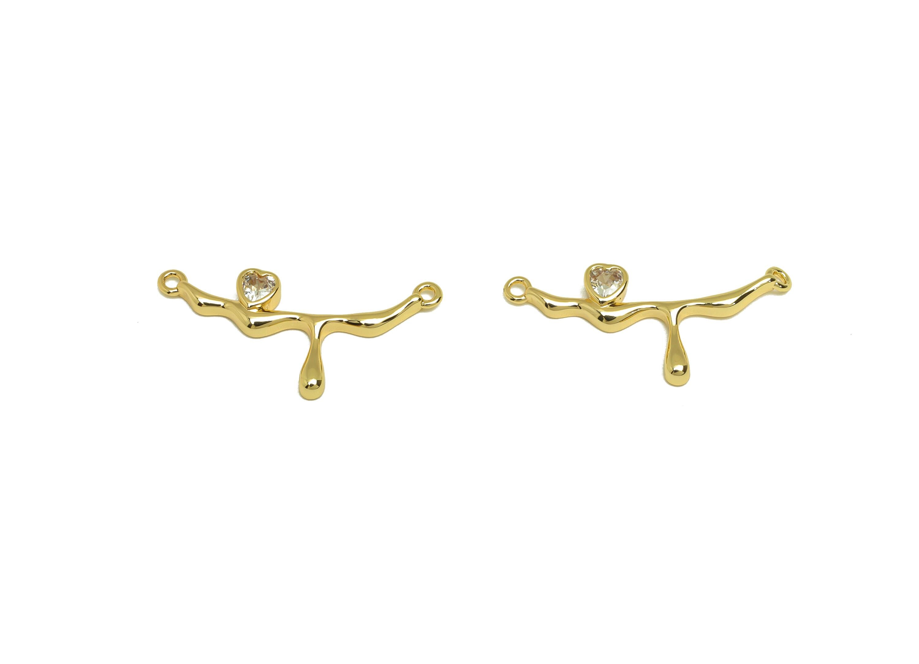 Brass Heart Zircon Connector - Gold CZ Melting Bar Charm - Heart Necklace Connector - 18K Real Gold Plating - 24.7x11.39x2.33mm - RGP7667 - DOMEDBAZAAR