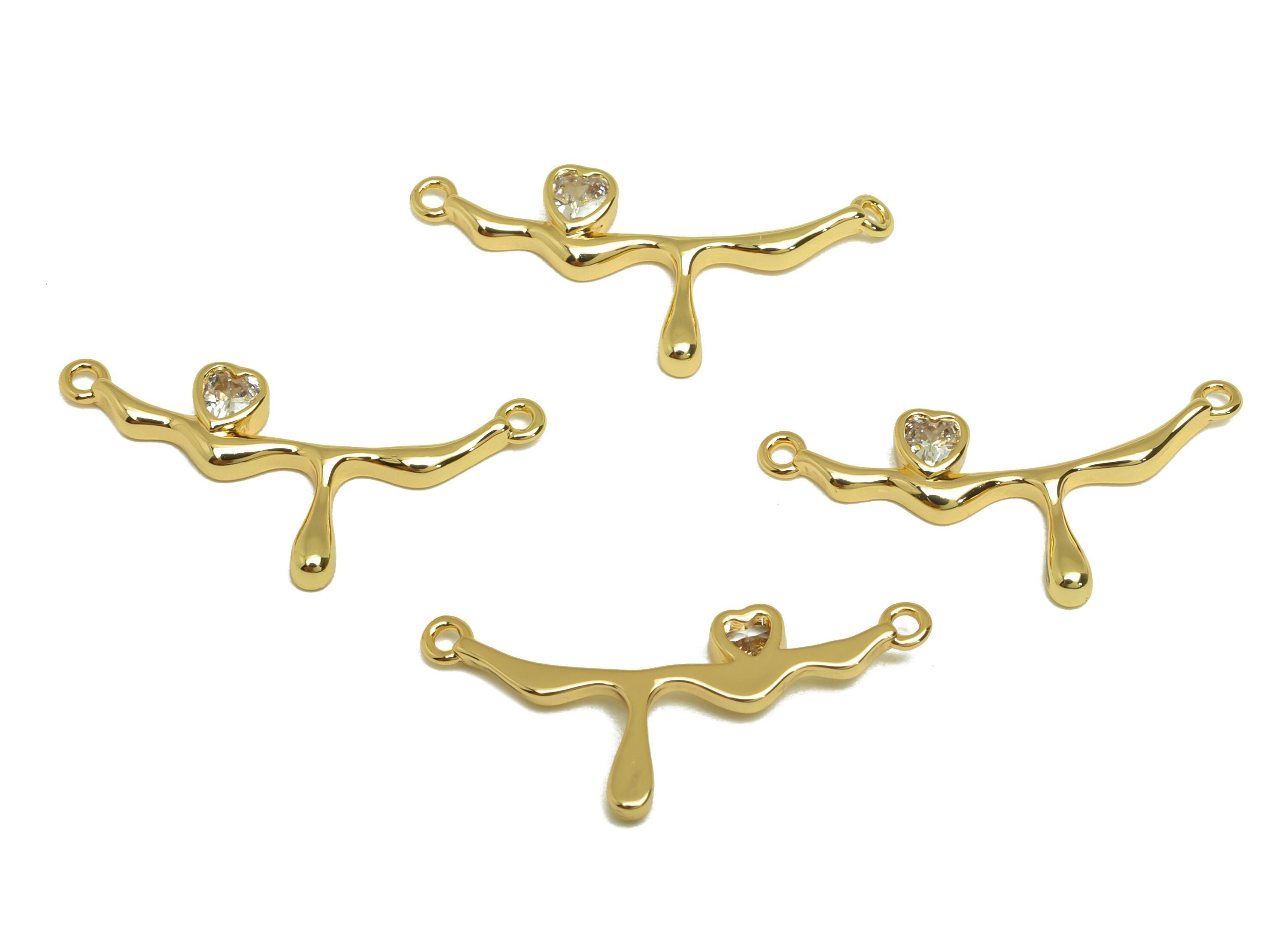 Brass Heart Zircon Connector - Gold CZ Melting Bar Charm - Heart Necklace Connector - 18K Real Gold Plating - 24.7x11.39x2.33mm - RGP7667 - DOMEDBAZAAR
