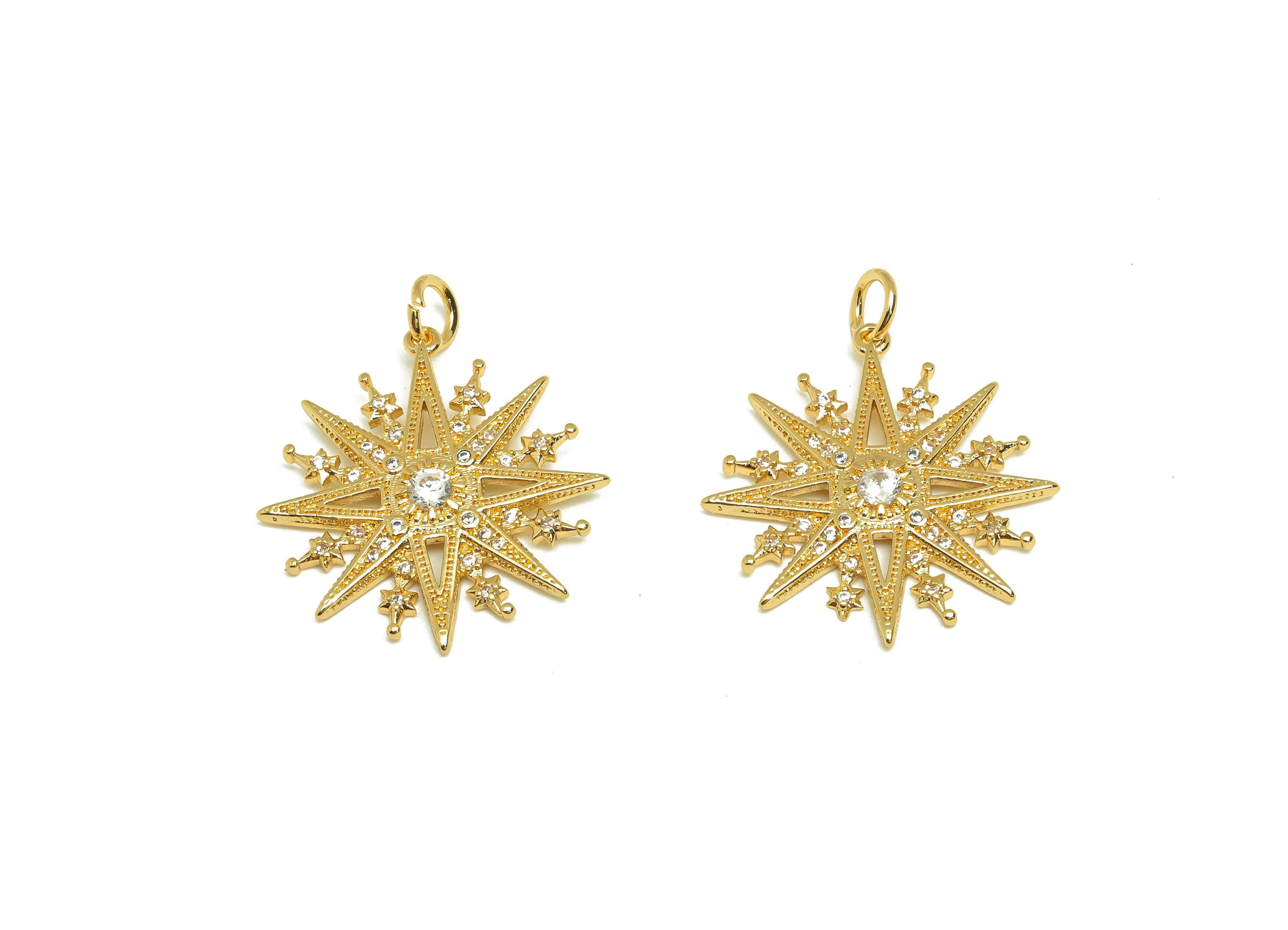 Brass Star Earring Charms - Gold Cubic Zircon Star Pendant - Textured CZ Star Charms - 18K Real Gold Plating - 27.4x20.9x3.08mm - RGP7669 - DOMEDBAZAAR