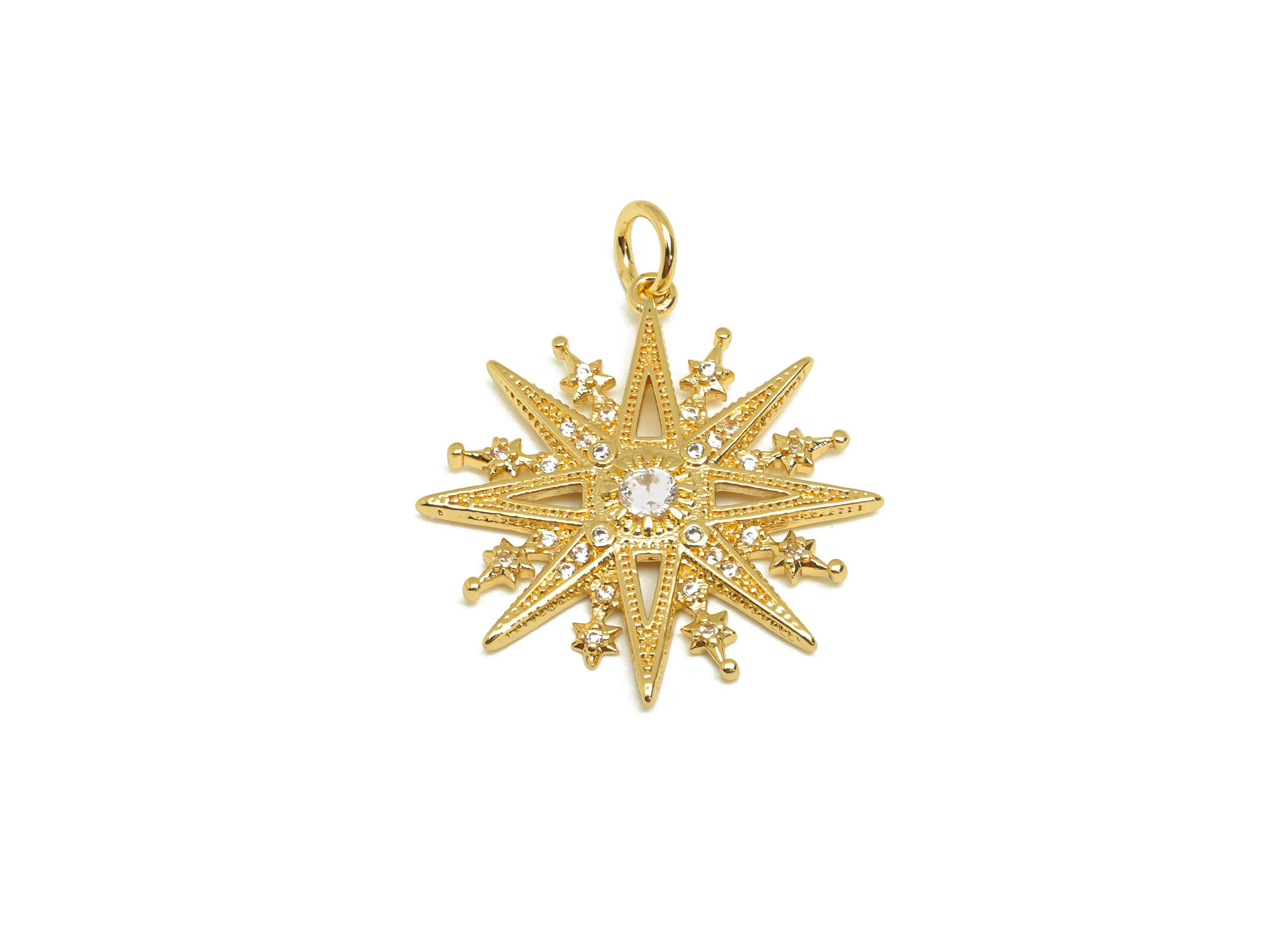 Brass Star Earring Charms - Gold Cubic Zircon Star Pendant - Textured CZ Star Charms - 18K Real Gold Plating - 27.4x20.9x3.08mm - RGP7669 - DOMEDBAZAAR