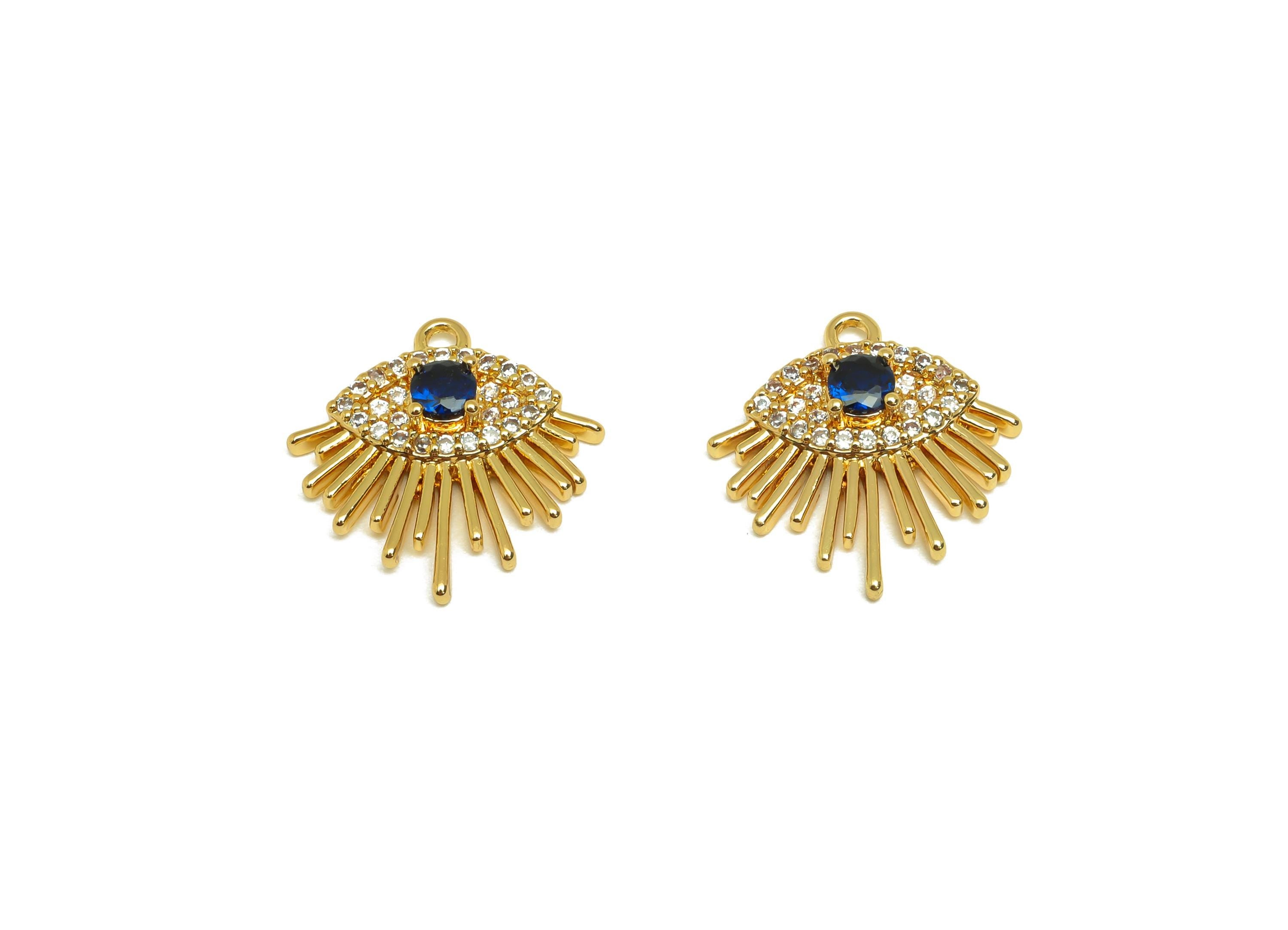 Brass Eye Earring Charms - Gold Cubic Zircon Eyelash Pendant - Textured CZ Eye Charms - 18K Real Gold Plating - 15.6x14.7x3.02mm - RGP7673 - DOMEDBAZAAR