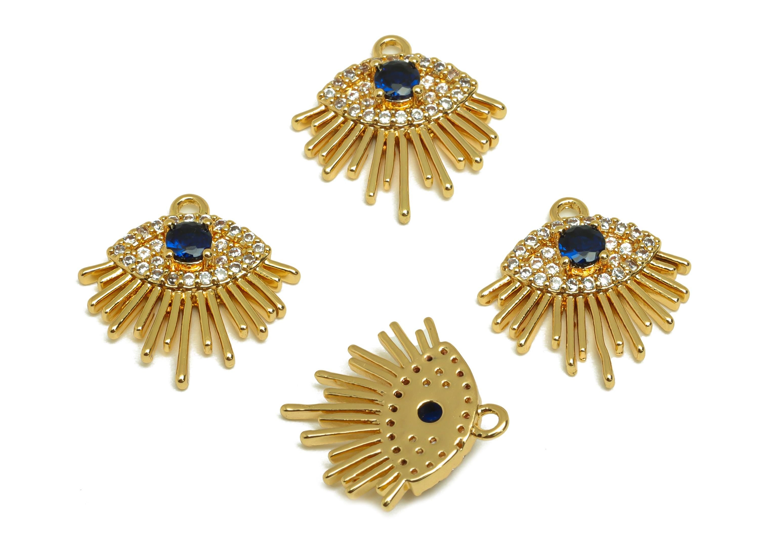 Brass Eye Earring Charms - Gold Cubic Zircon Eyelash Pendant - Textured CZ Eye Charms - 18K Real Gold Plating - 15.6x14.7x3.02mm - RGP7673 - DOMEDBAZAAR