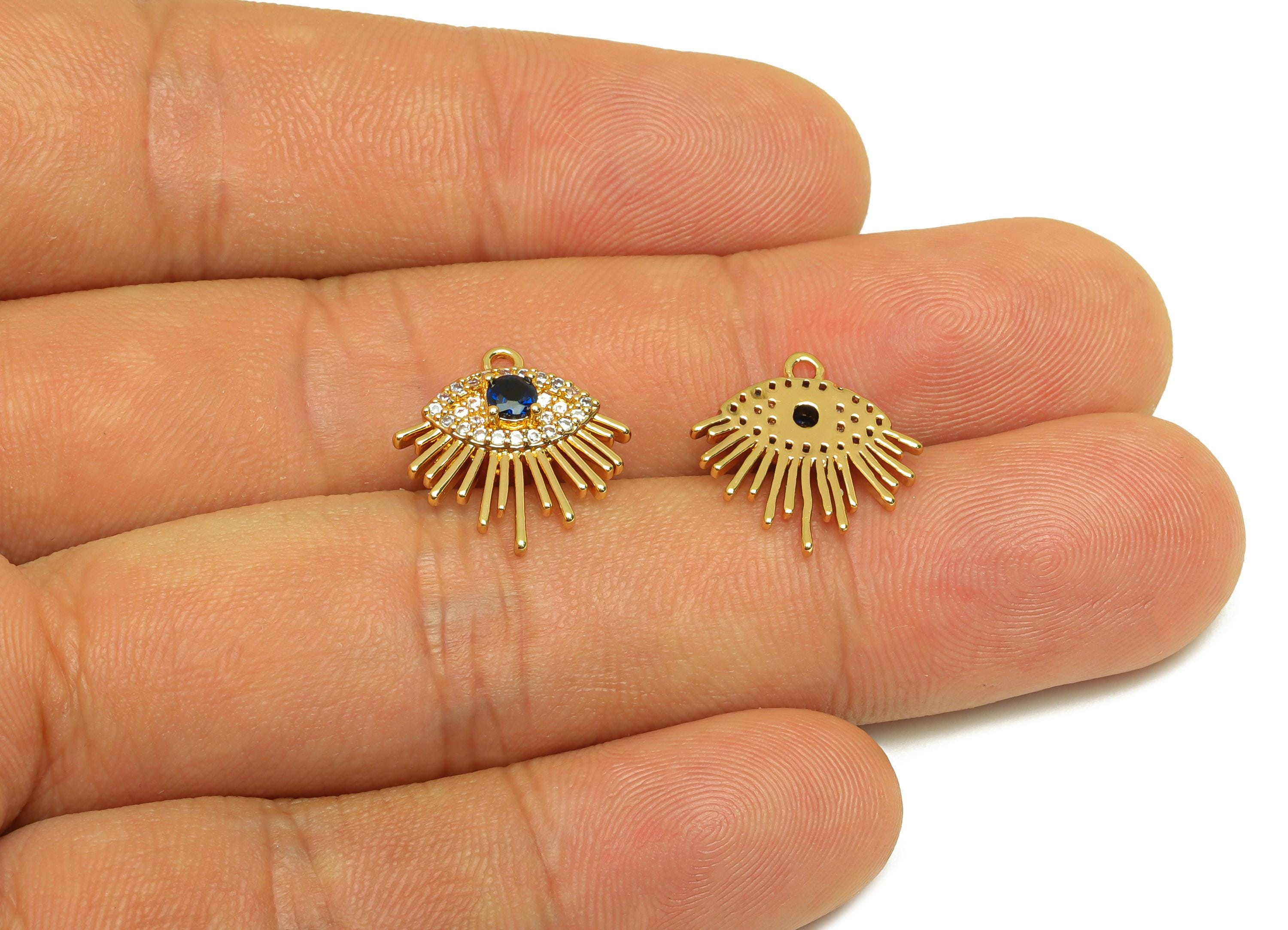 Brass Eye Earring Charms - Gold Cubic Zircon Eyelash Pendant - Textured CZ Eye Charms - 18K Real Gold Plating - 15.6x14.7x3.02mm - RGP7673 - DOMEDBAZAAR