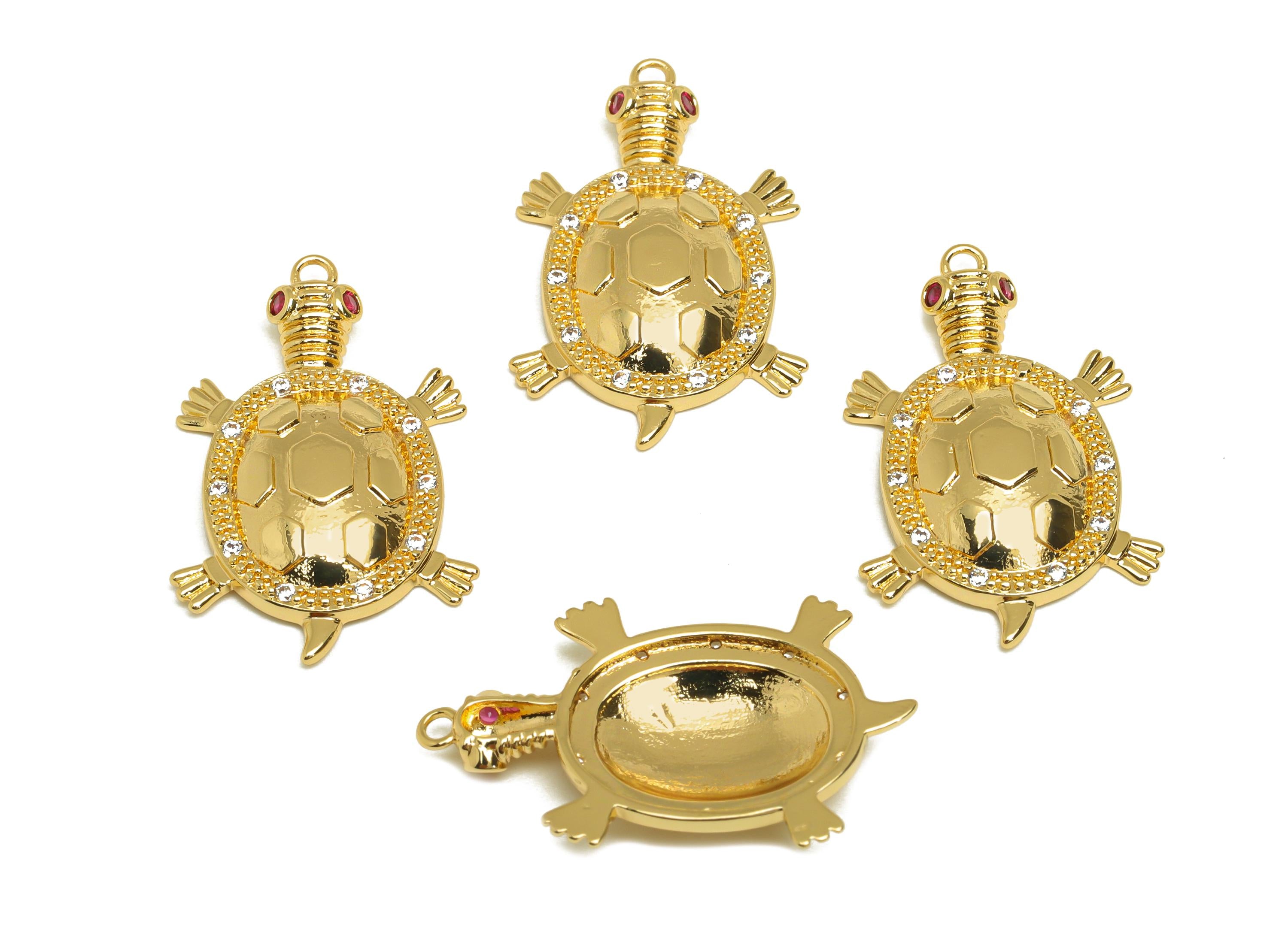 Brass Tortoise Zircon Charm - Gold Animal Tortoise Pendant - CZ Tortoise Earring Charm - 18K Real Gold Plating - 29x18.43x3.4mm - RGP7675 - DOMEDBAZAAR
