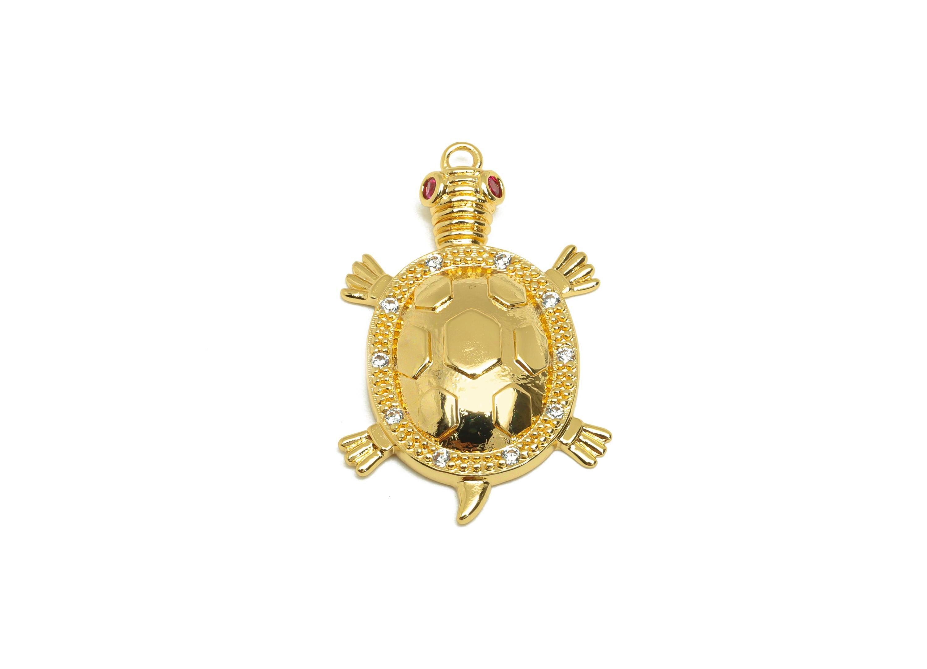 Brass Tortoise Zircon Charm - Gold Animal Tortoise Pendant - CZ Tortoise Earring Charm - 18K Real Gold Plating - 29x18.43x3.4mm - RGP7675 - DOMEDBAZAAR