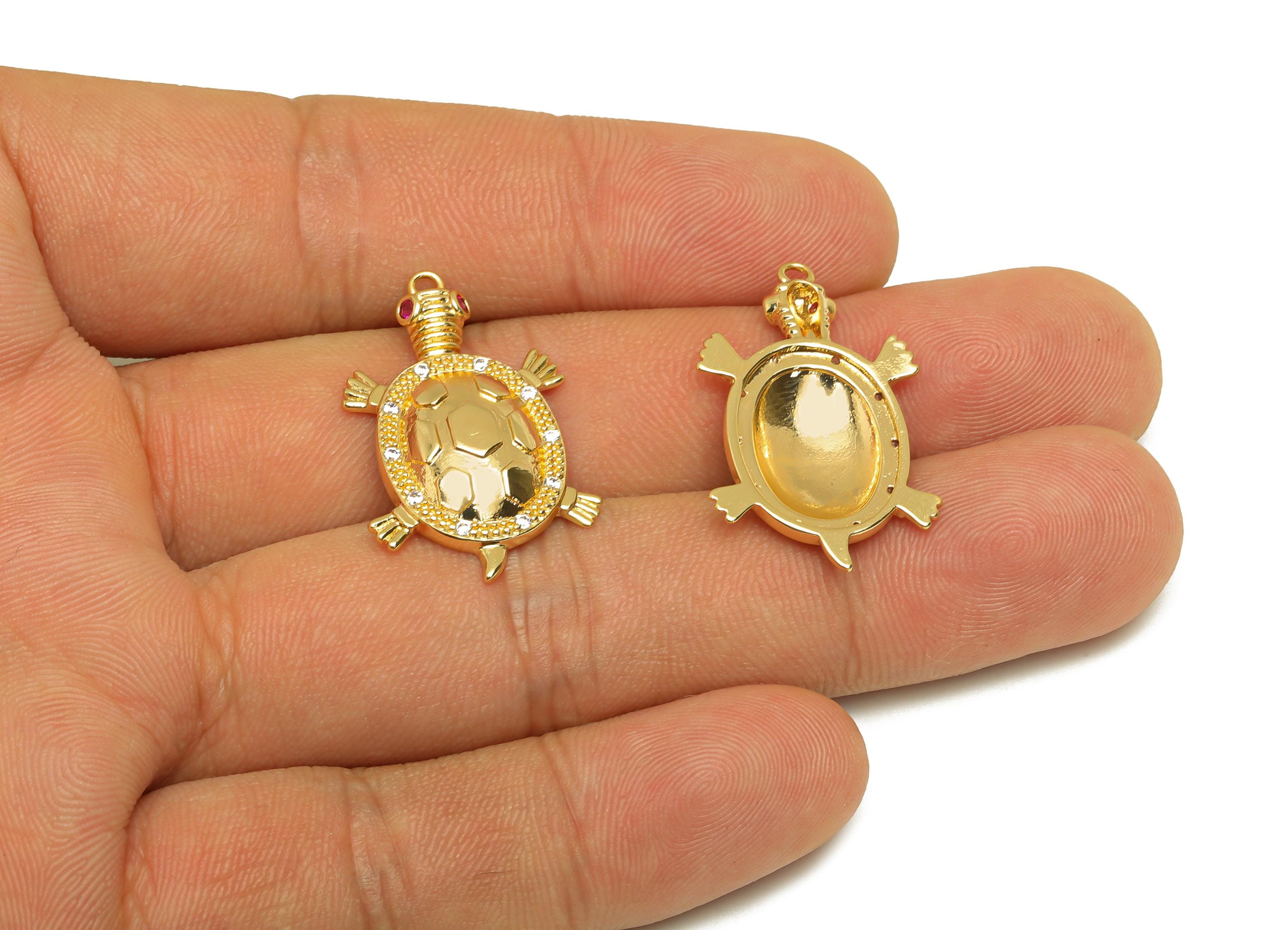 Brass Tortoise Zircon Charm - Gold Animal Tortoise Pendant - CZ Tortoise Earring Charm - 18K Real Gold Plating - 29x18.43x3.4mm - RGP7675 - DOMEDBAZAAR