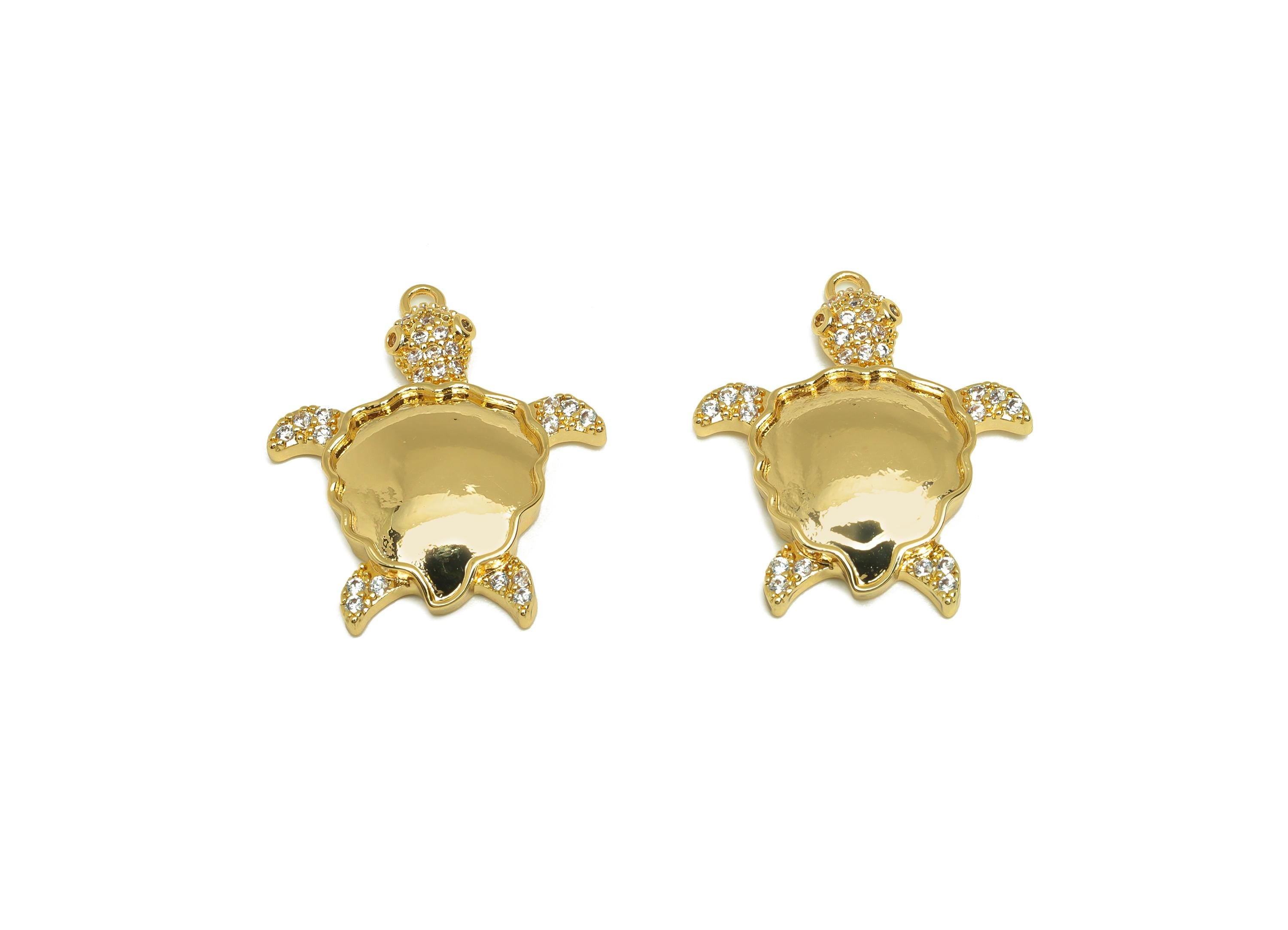 Brass Tortoise Zircon Charm - Gold Animal Tortoise Pendant - CZ Tortoise Earring Charm - 18K Real Gold Plating - 25.3x21.2x4.28mm - RGP7676 - DOMEDBAZAAR