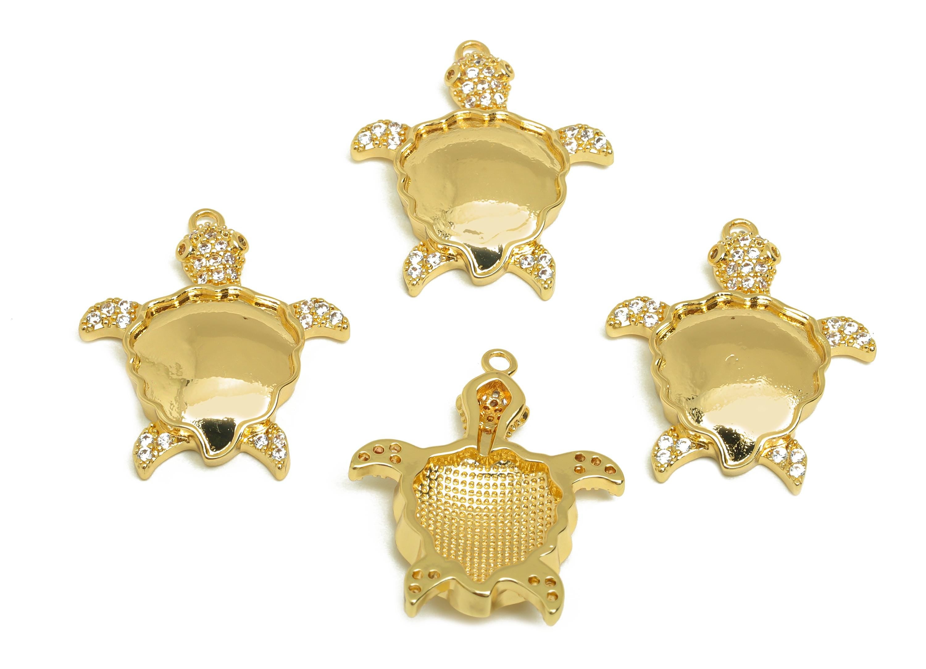 Brass Tortoise Zircon Charm - Gold Animal Tortoise Pendant - CZ Tortoise Earring Charm - 18K Real Gold Plating - 25.3x21.2x4.28mm - RGP7676 - DOMEDBAZAAR