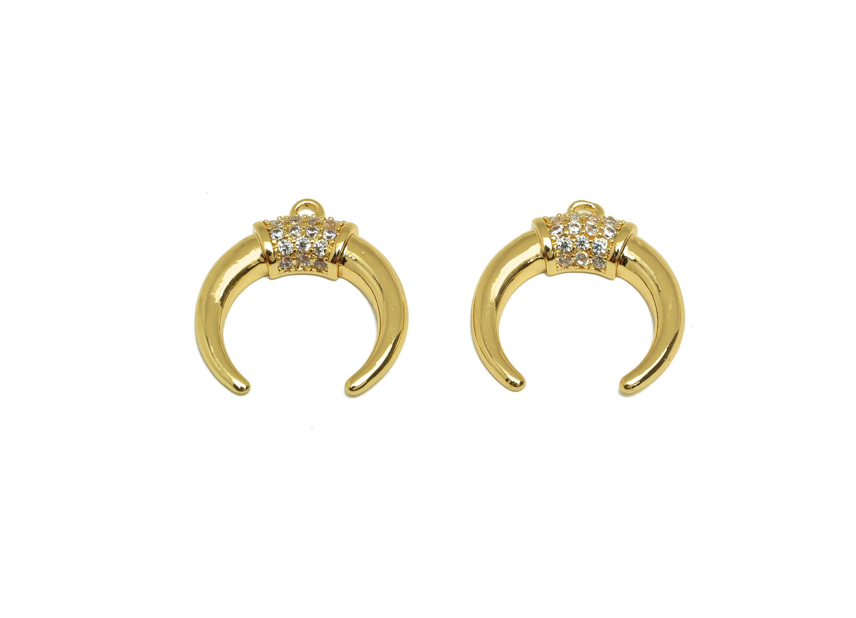Brass Horn Earring Charms - Gold Zircon Moon Pendant - Cubic Zircon Moon Horn Charms - 18K Real Gold Plated - 19.4x17.7x3.24mm - RGP7680 - DOMEDBAZAAR