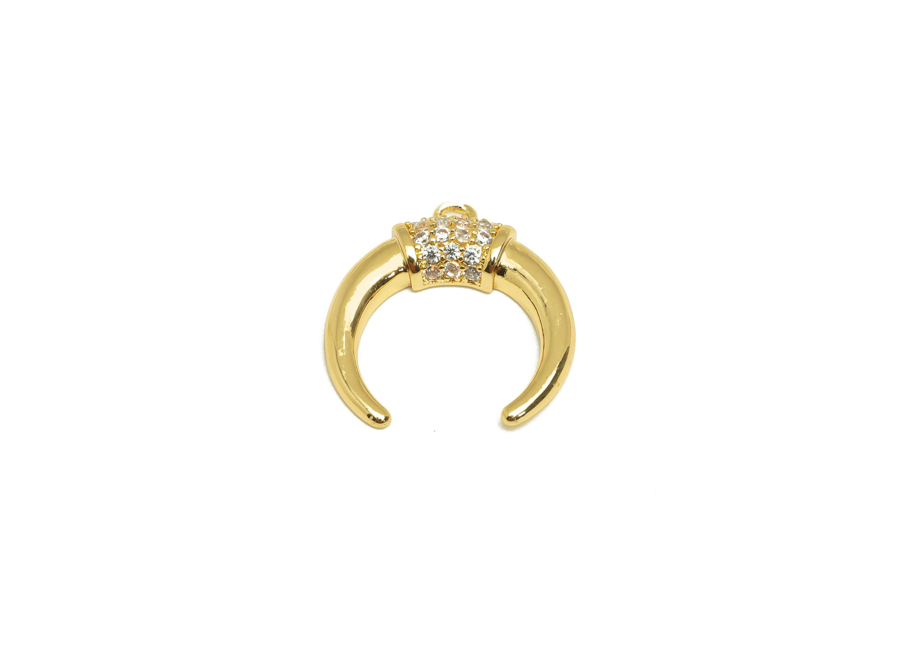 Brass Horn Earring Charms - Gold Zircon Moon Pendant - Cubic Zircon Moon Horn Charms - 18K Real Gold Plated - 19.4x17.7x3.24mm - RGP7680 - DOMEDBAZAAR