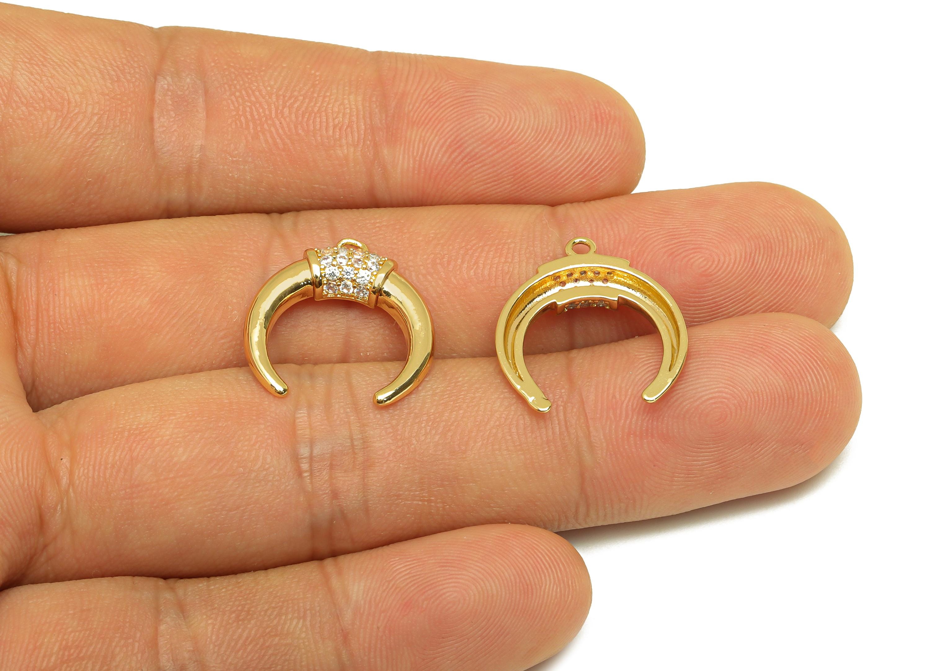 Brass Horn Earring Charms - Gold Zircon Moon Pendant - Cubic Zircon Moon Horn Charms - 18K Real Gold Plated - 19.4x17.7x3.24mm - RGP7680 - DOMEDBAZAAR