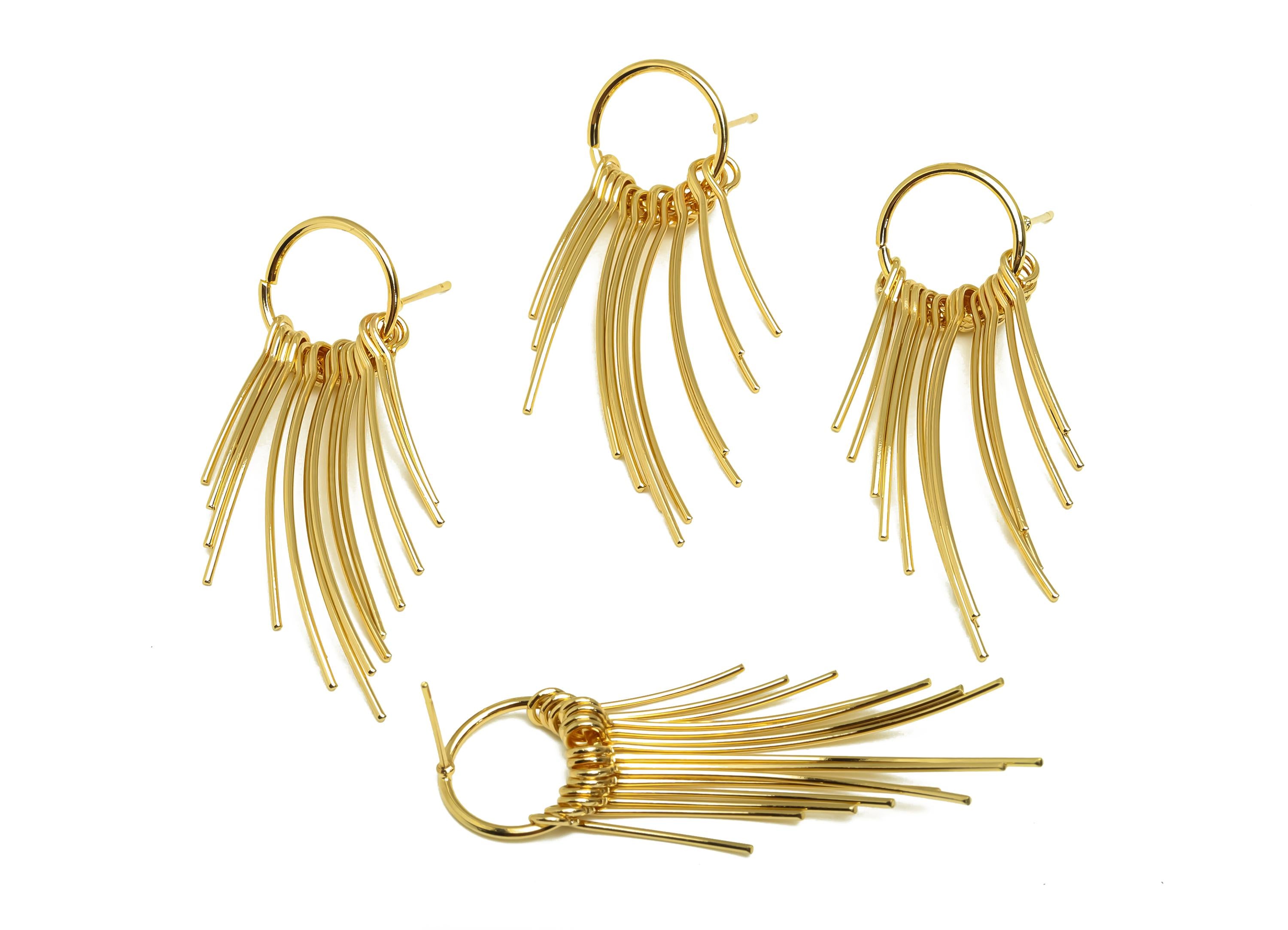 Brass Tassel Earring Stud - Brass Dangle Tassel Wire Earring Post - 13 Bent Tassel Earring Post - 18K Real Gold Plating - 56x14x1mm -RGP8170 - DOMEDBAZAAR