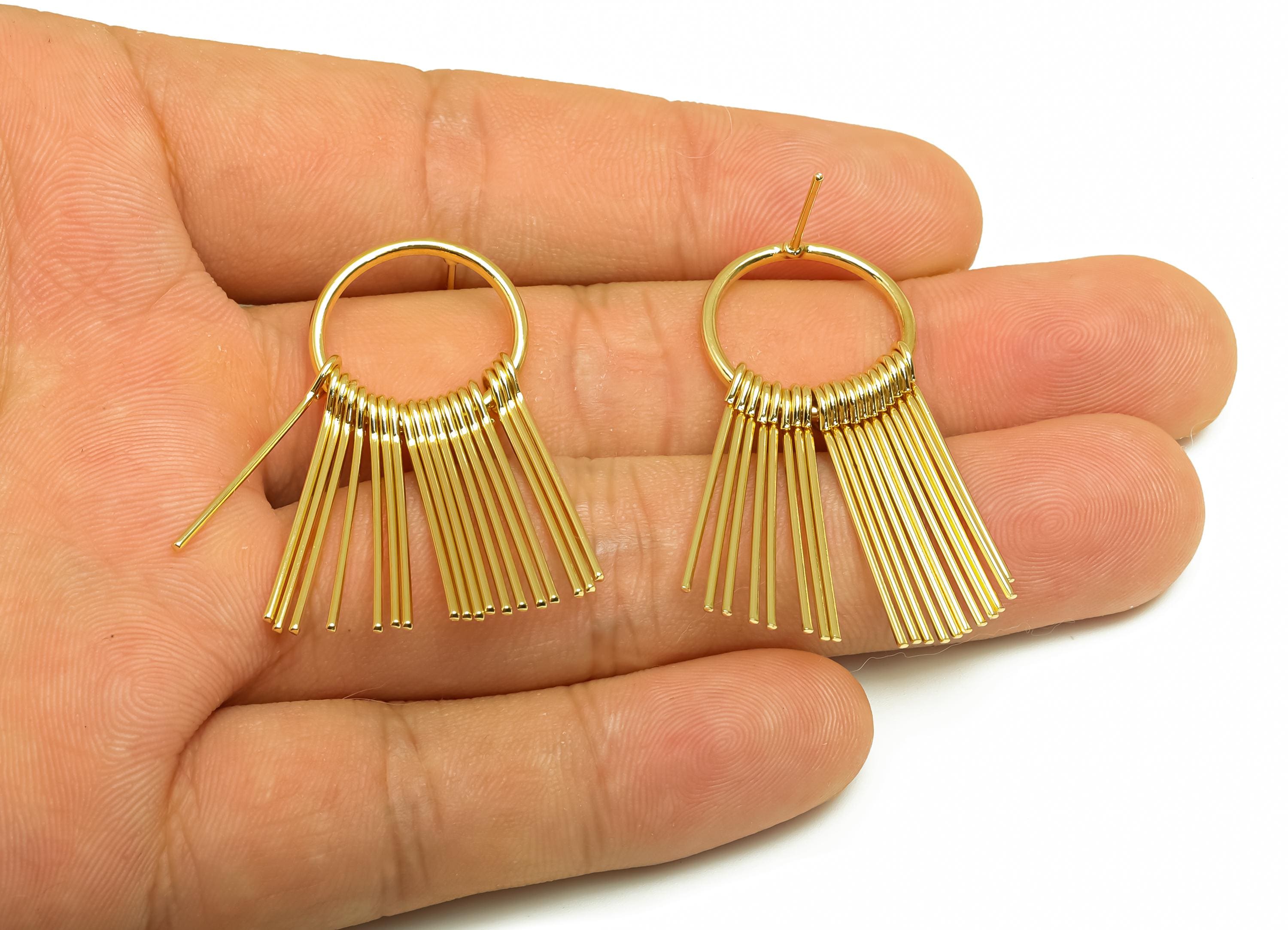 Brass Tassel Earring Stud - Brass Dangle Tassel Wire Earring Post - 19 Wire Tassel Earring Post - 18K Real Gold Plating - 39x17x1mm -RGP8179 - DOMEDBAZAAR