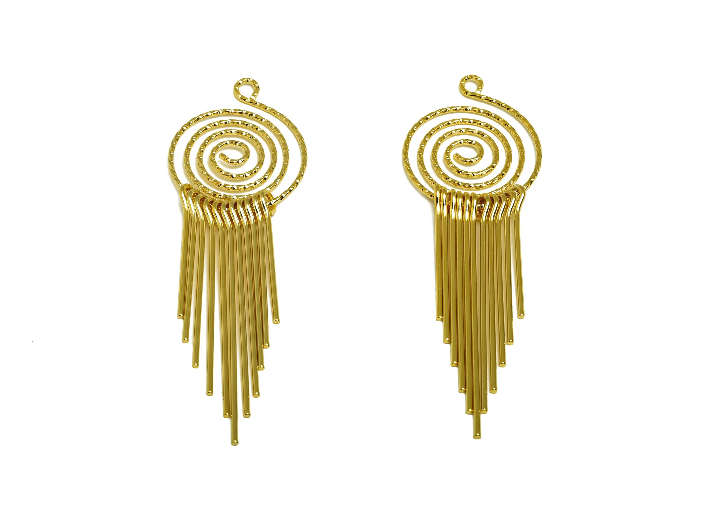 Brass Tassel Earring Charm - Dangle Tassel Earring Charm - Textured Snail 11 Wire Tassel Charm - 18K Real Gold Plating - 85x27x1mm - RGP8180 - DOMEDBAZAAR