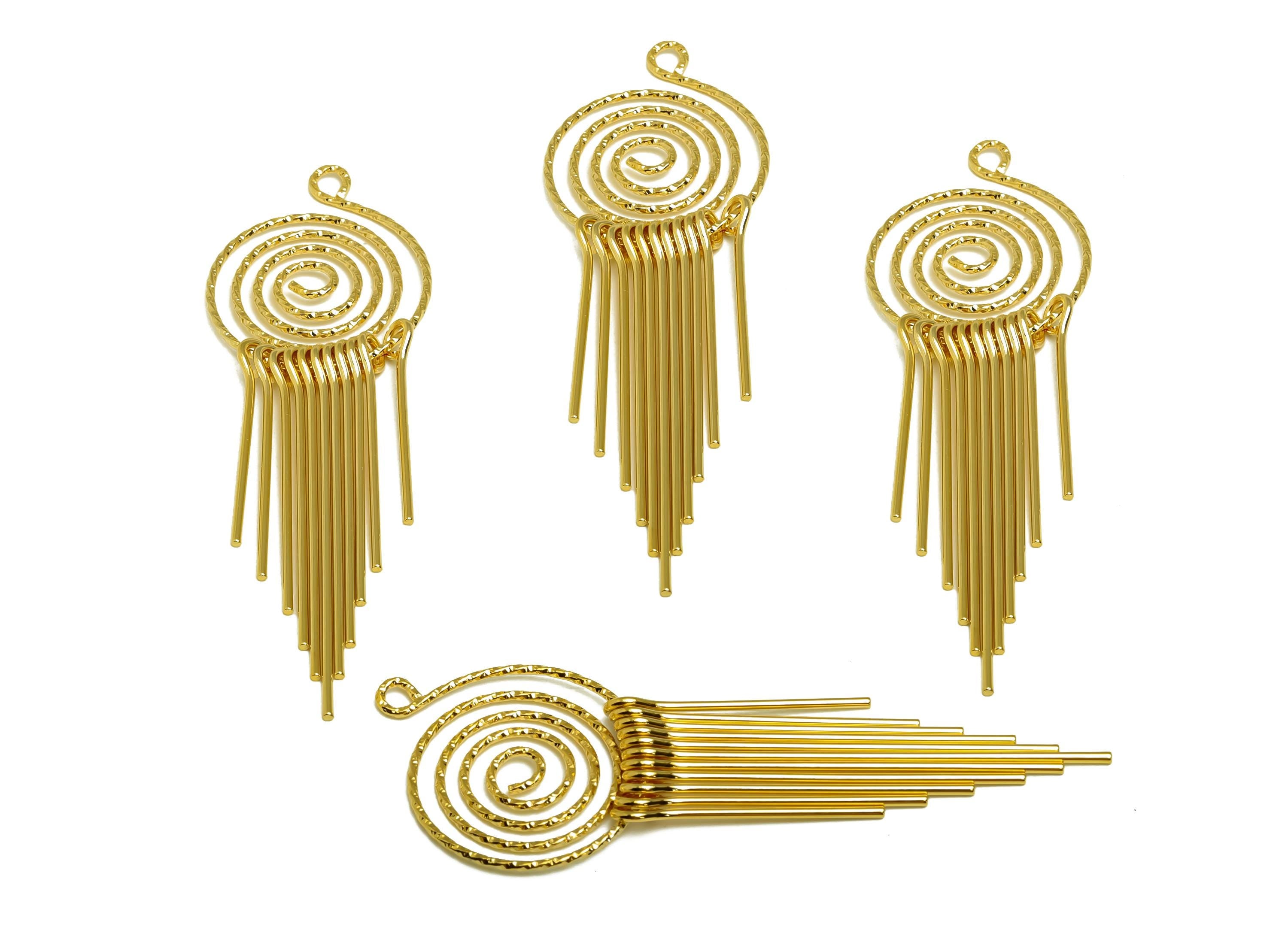 Brass Tassel Earring Charm - Dangle Tassel Earring Charm - Textured Snail 11 Wire Tassel Charm - 18K Real Gold Plating - 85x27x1mm - RGP8180 - DOMEDBAZAAR