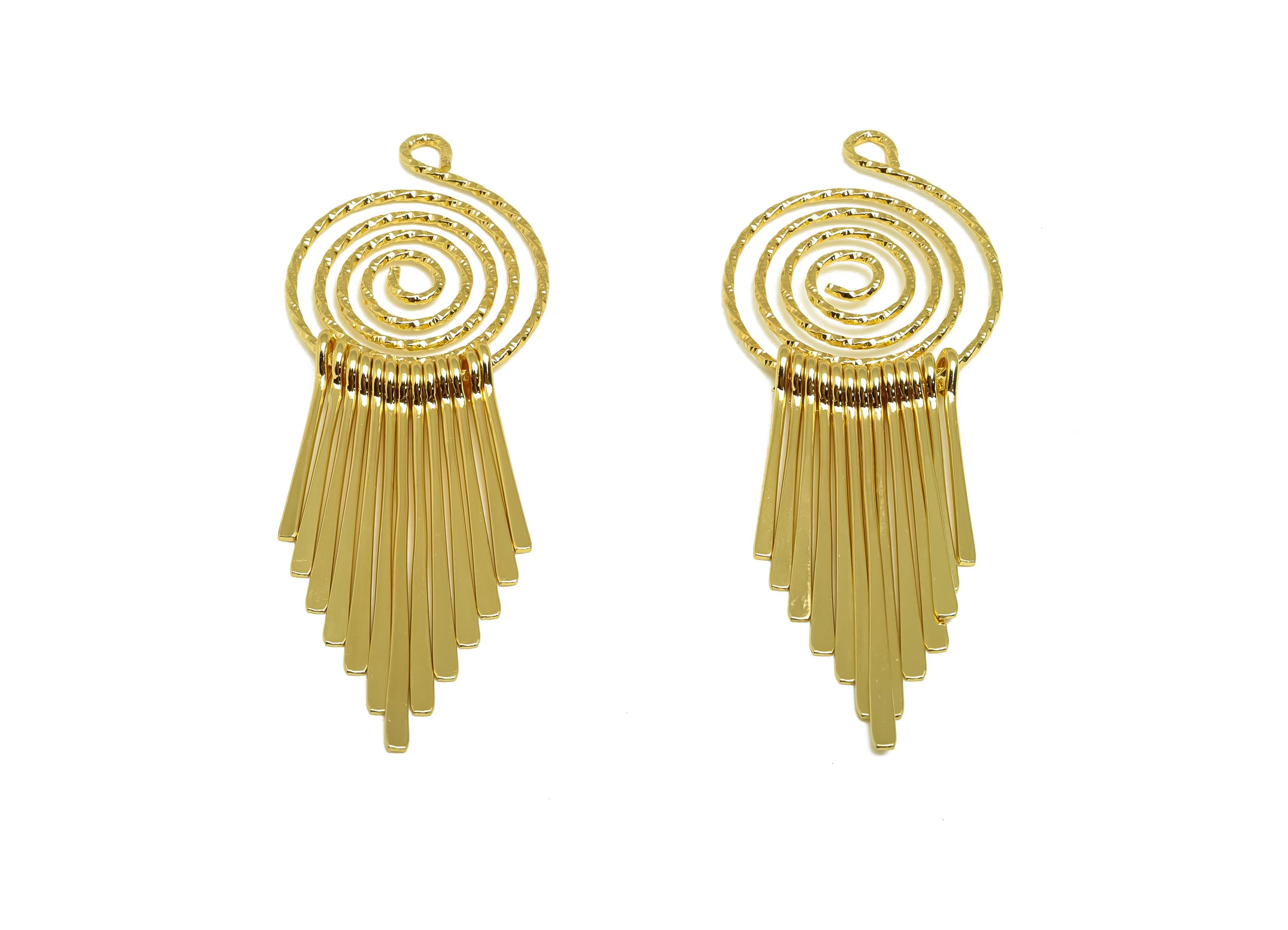 Brass Tassel Earring Charm - Dangle Tassel Earring Charm - Hammered Snail Tassel Charm - 18K Real Gold Plating - 85x27x1.2mm - RGP8175 - DOMEDBAZAAR