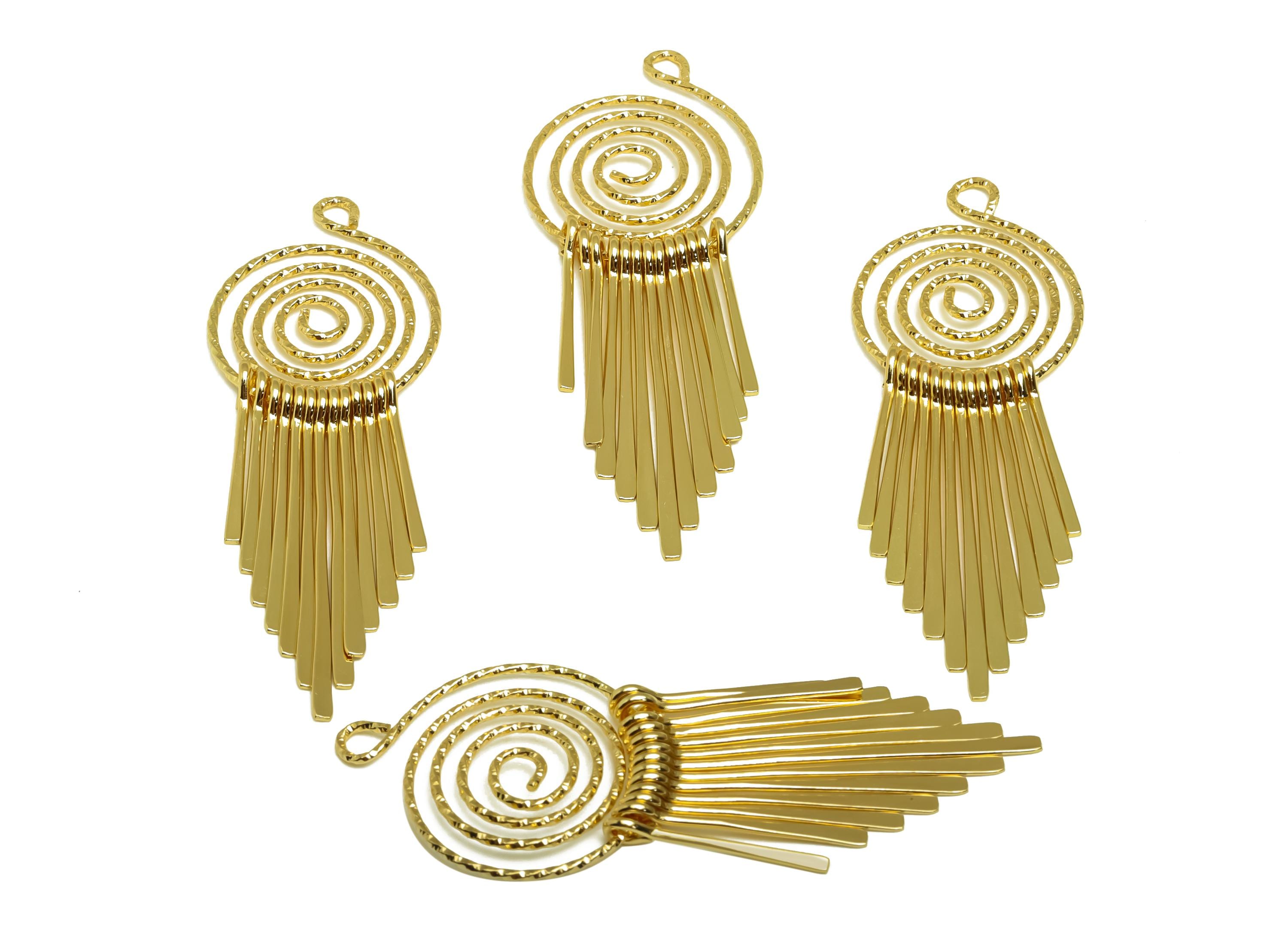 Brass Tassel Earring Charm - Dangle Tassel Earring Charm - Hammered Snail Tassel Charm - 18K Real Gold Plating - 85x27x1.2mm - RGP8175 - DOMEDBAZAAR