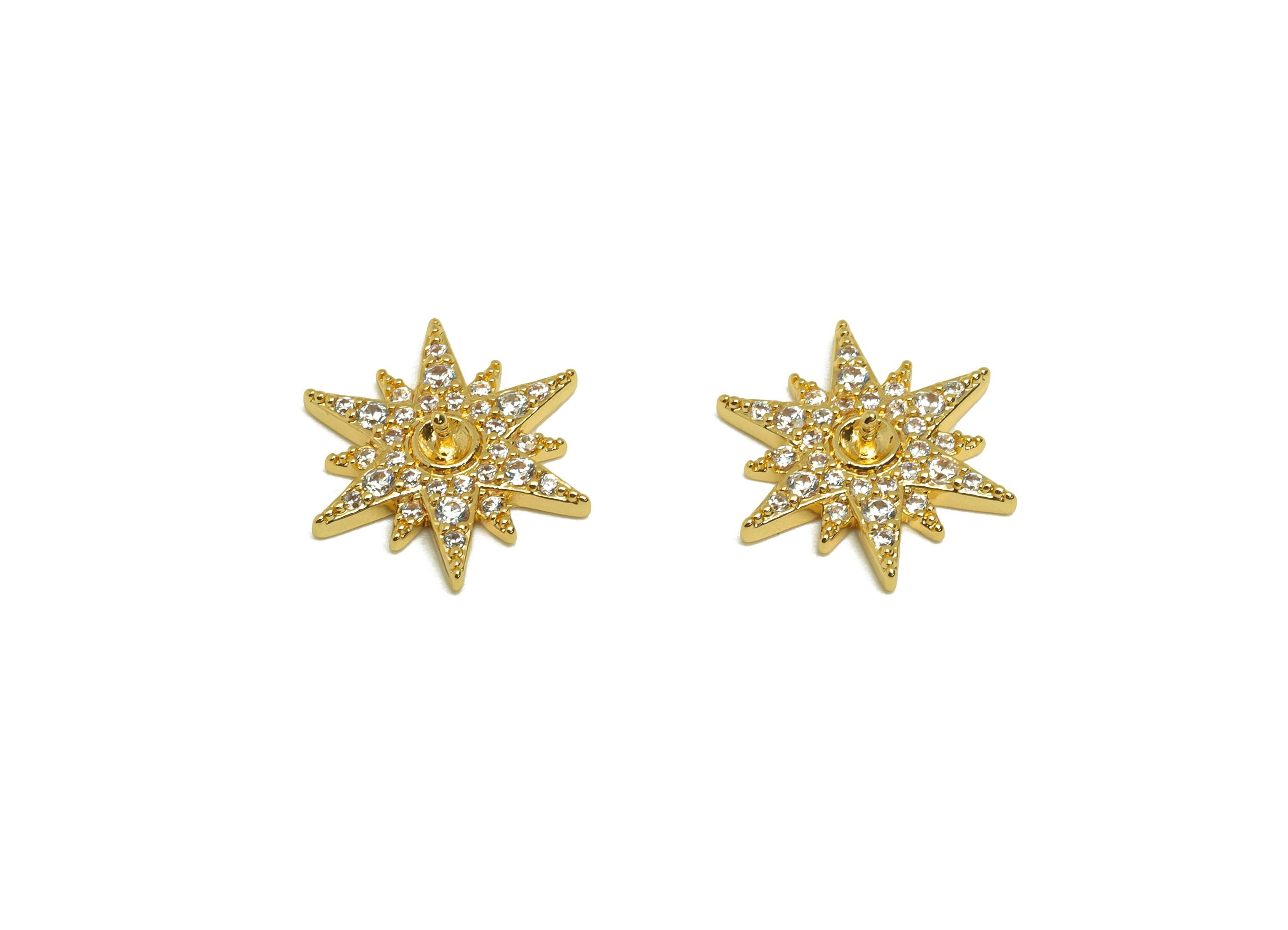 Brass Star Earring Charms - Gold Cubic Zircon Star Pendant - CZ Star Setting Charms - 18K Real Gold Plating - 13.9x13.9x2.71mm - RGP7683 - DOMEDBAZAAR