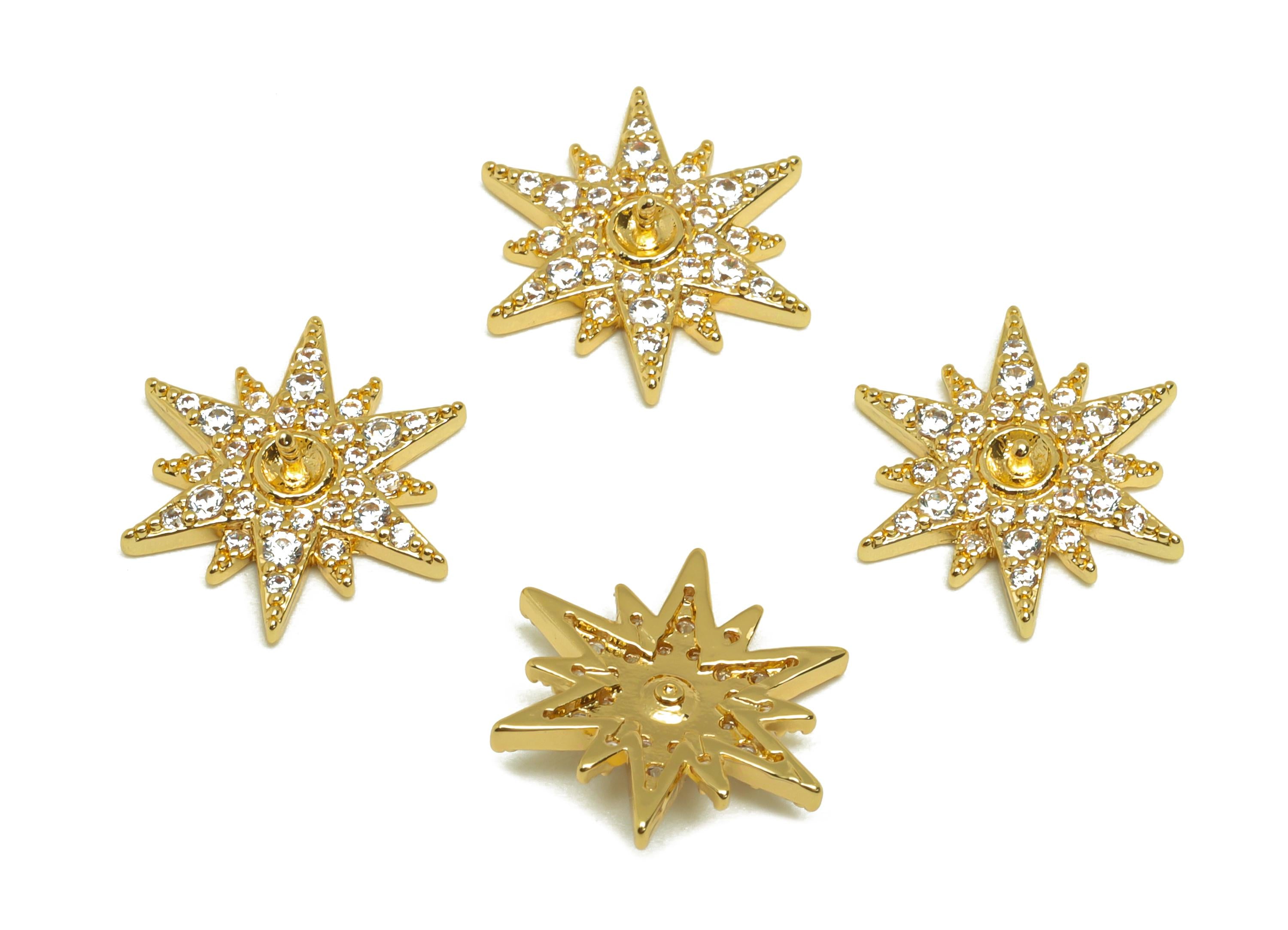 Brass Star Earring Charms - Gold Cubic Zircon Star Pendant - CZ Star Setting Charms - 18K Real Gold Plating - 13.9x13.9x2.71mm - RGP7683 - DOMEDBAZAAR