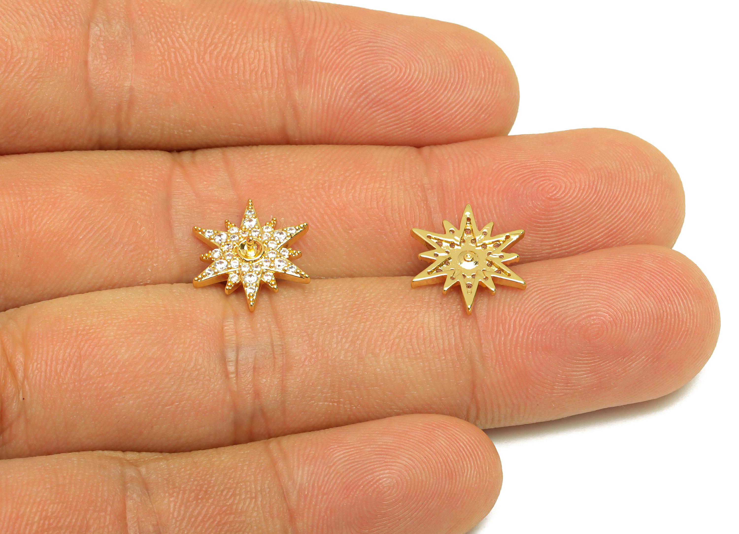Brass Star Earring Charms - Gold Cubic Zircon Star Pendant - CZ Star Setting Charms - 18K Real Gold Plating - 13.9x13.9x2.71mm - RGP7683 - DOMEDBAZAAR