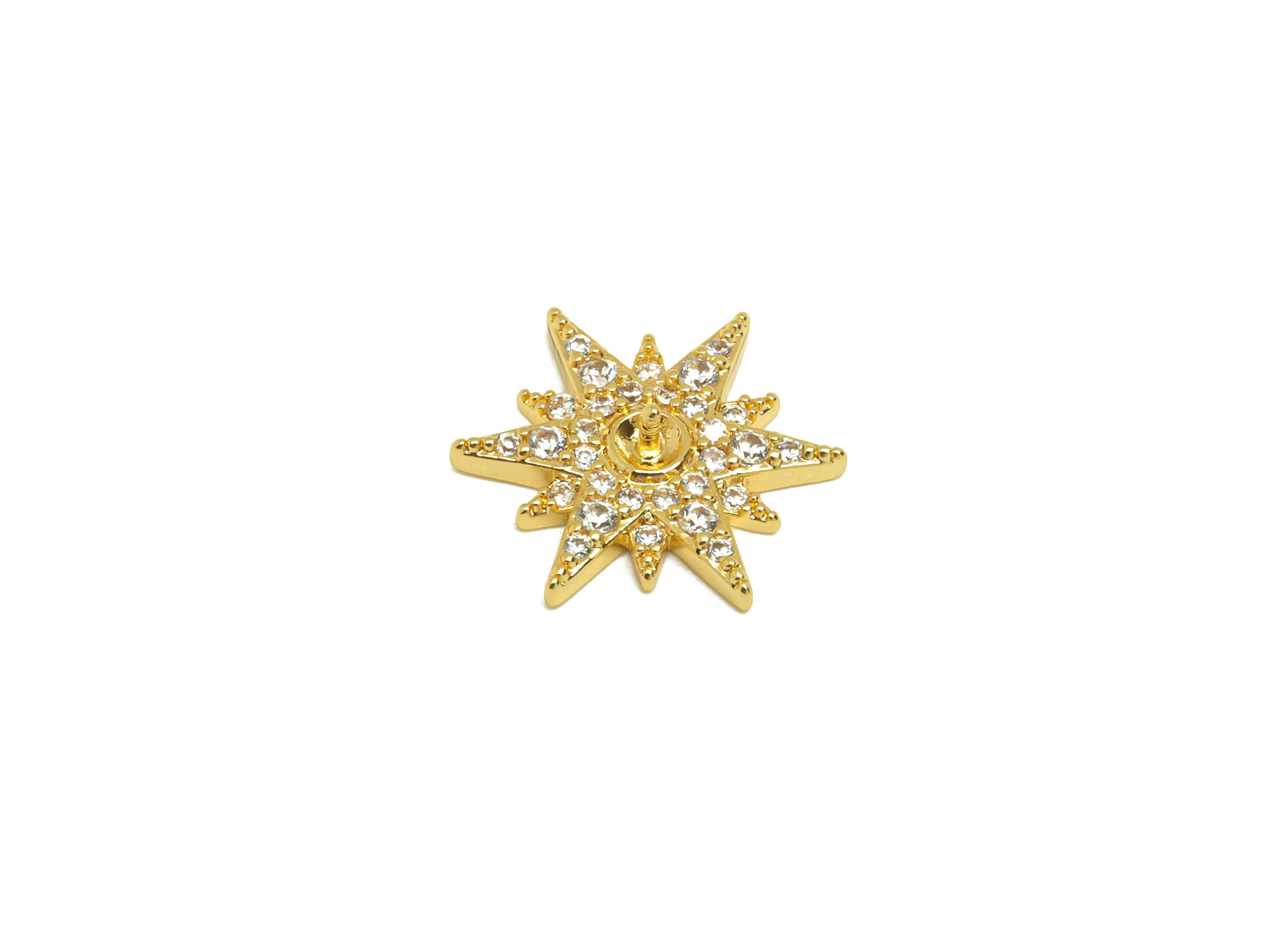 Brass Star Earring Charms - Gold Cubic Zircon Star Pendant - CZ Star Setting Charms - 18K Real Gold Plating - 13.9x13.9x2.71mm - RGP7683 - DOMEDBAZAAR