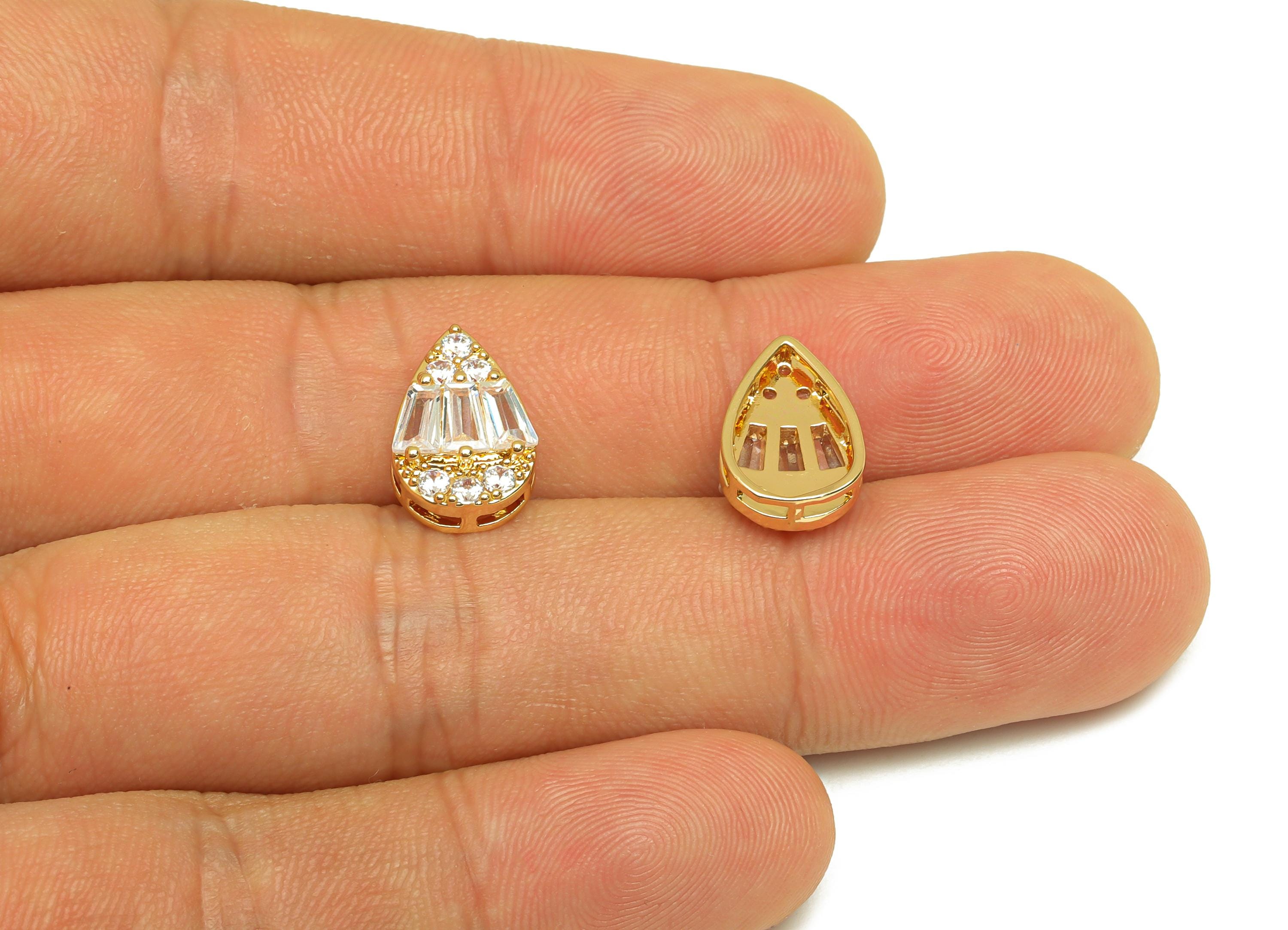 Gold Teardrop Zircon Beads - Brass Drop Bracelet Spacer Beads - CZ Teardrop Necklace Beads - 18K Real Gold Plating - 13.5x9x4.8mm - RGP7685 - DOMEDBAZAAR