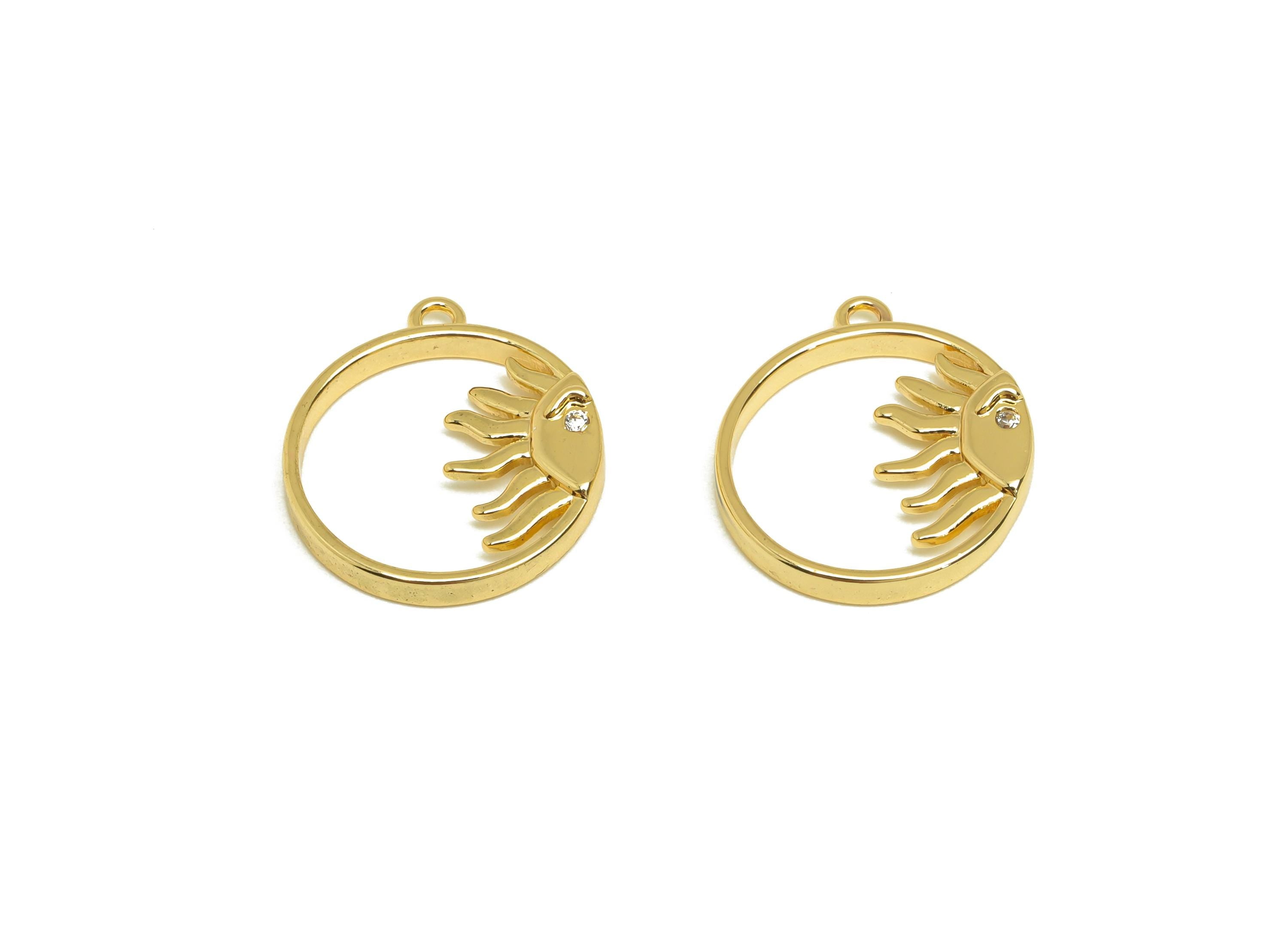 Brass Round Earring Charms - Gold Zircon Sunshine Pendant - CZ Round Half Sun Charms - 18K Real Gold Plating - 17.4x14.6x1.85mm - RGP7686 - DOMEDBAZAAR
