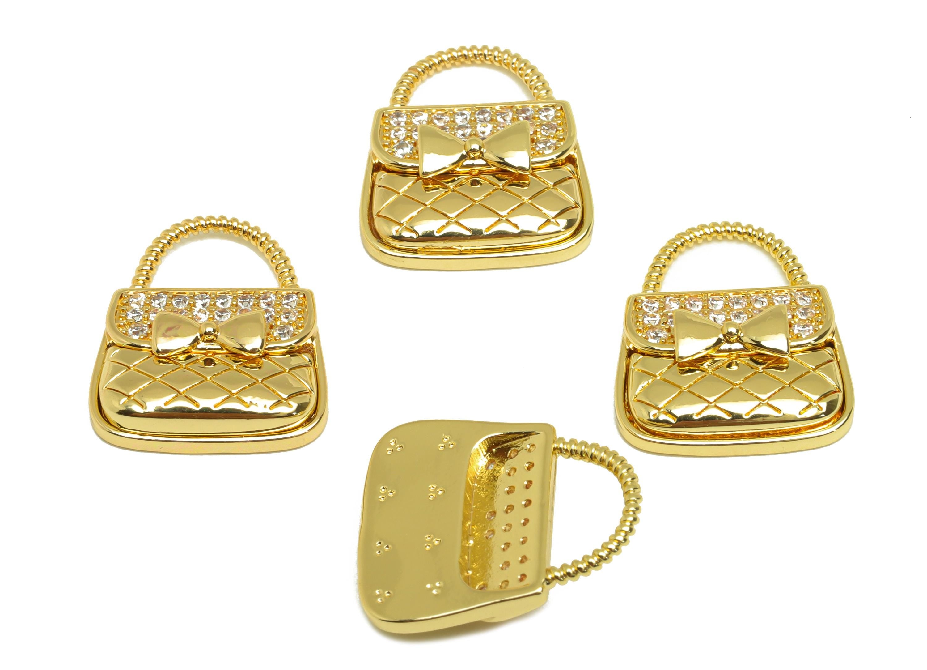Brass Bag Earring Charms - Gold Cubic Zircon Handbag Pendant - Textured CZ Bag Charms - 18K Real Gold Plating - 15.6x18.6x4.1mm - RGP7688 - DOMEDBAZAAR