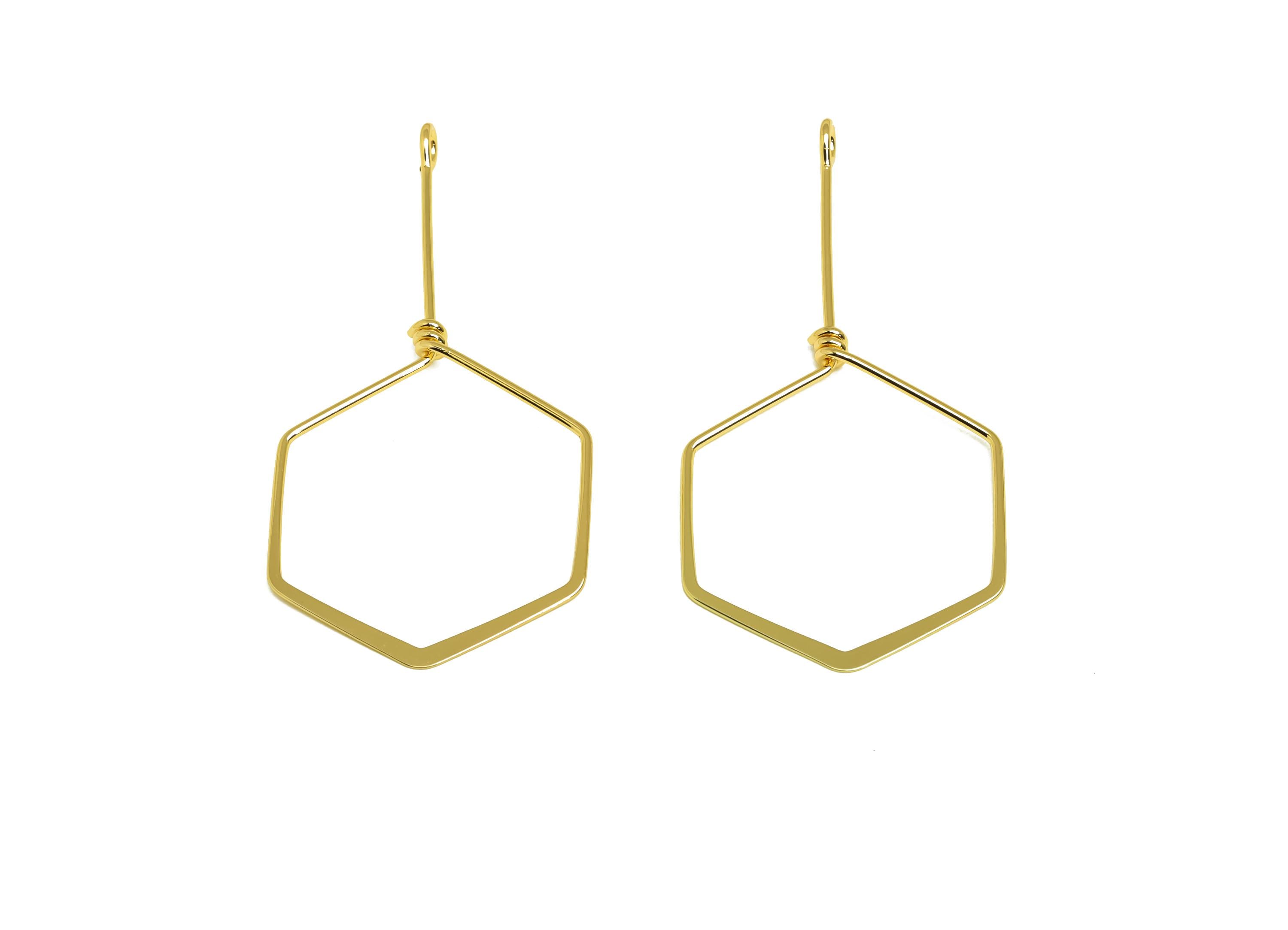 Brass Wire Hexagon Earring Charm - Brass Hammered Wire Earring Charm - Geometry Wire Charm - 18K Real Gold Plating - 59x30x0.9mm -RGP8167 - DOMEDBAZAAR