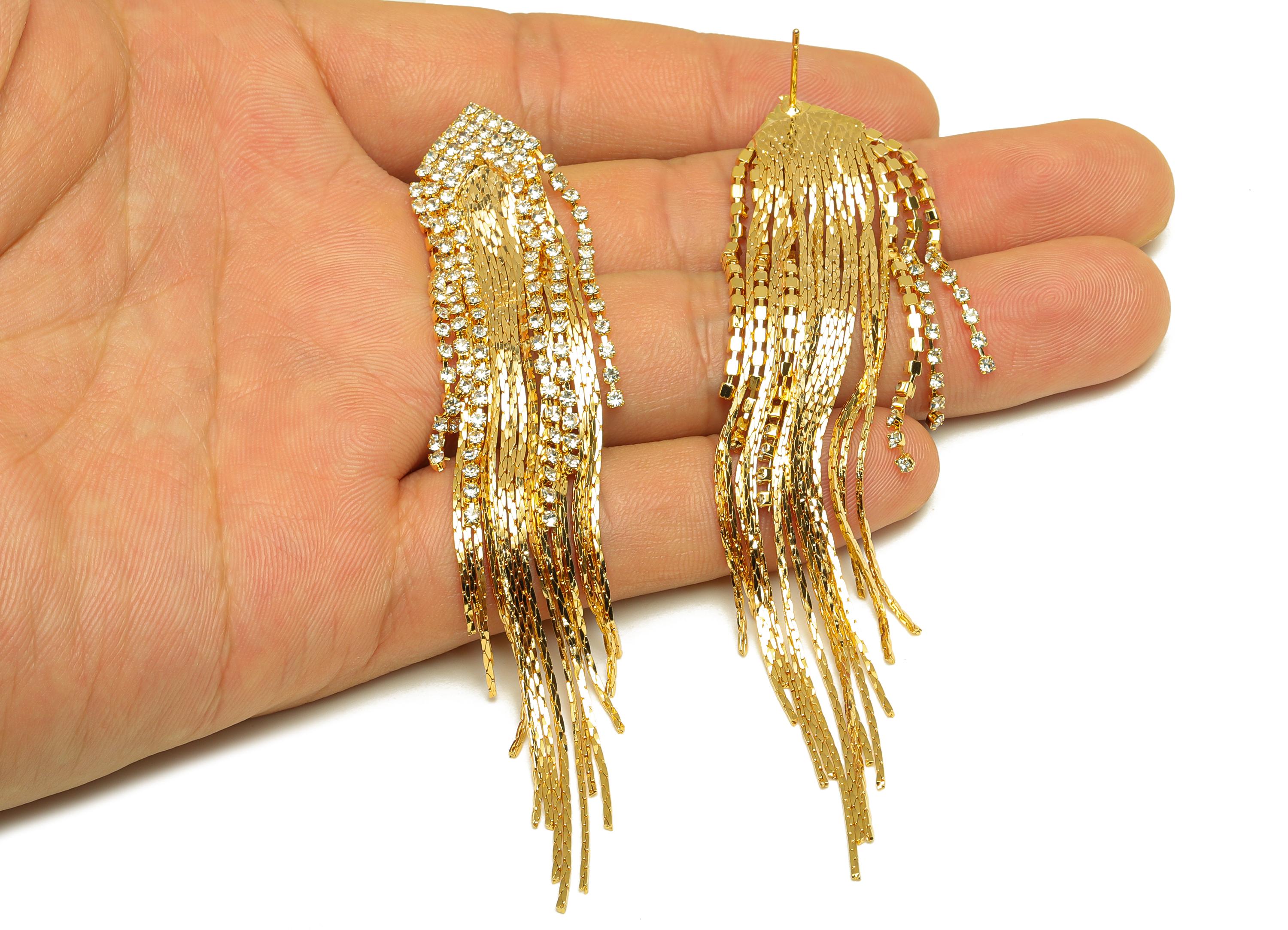 Brass Tassel Earring Charm - Geometry Tassel Wire Earring Charm - Cubic Zircon Earring Charm - 18K Real Gold Plated - 103.9x15x2mm - RGP7339 - DOMEDBAZAAR