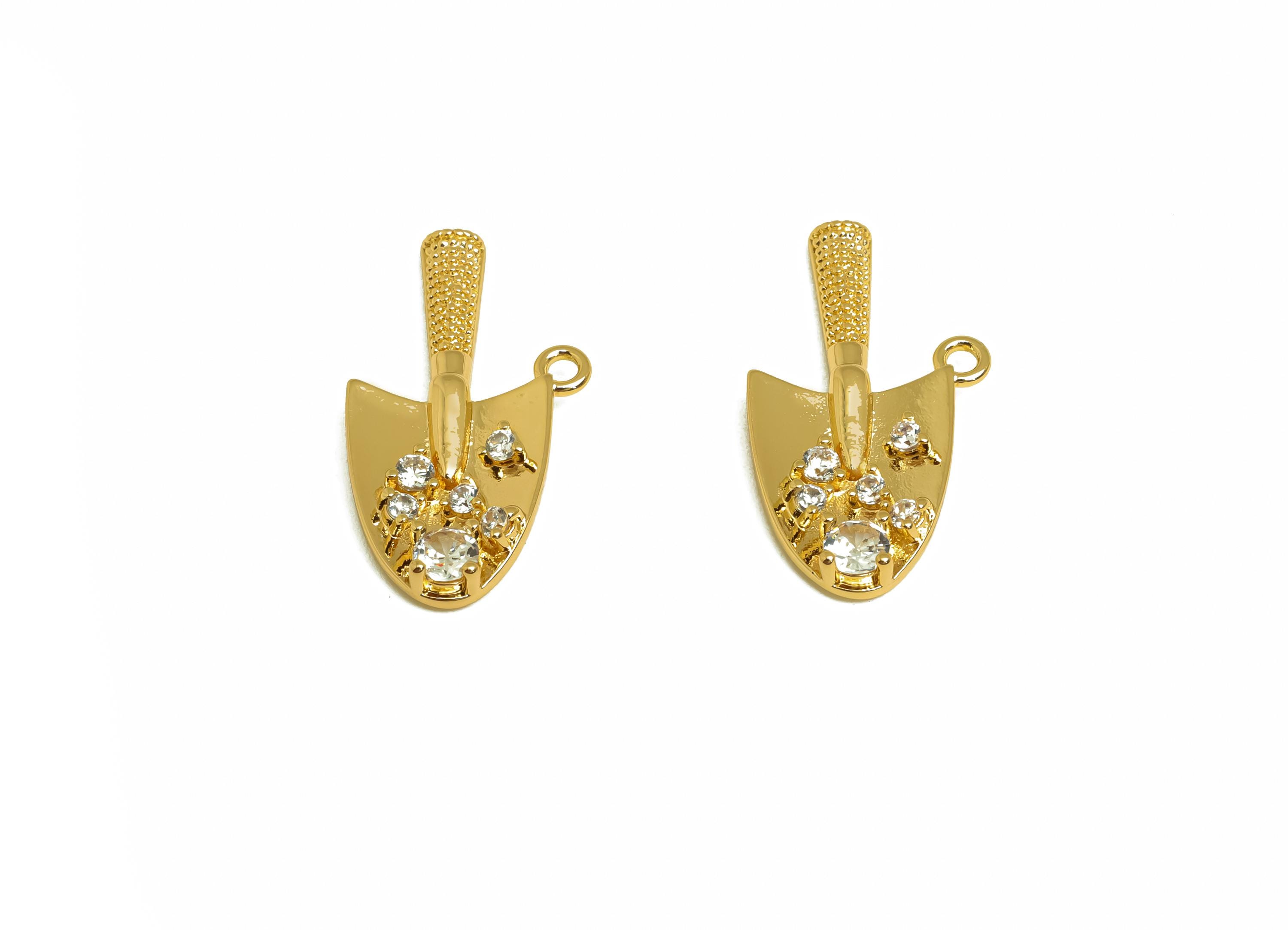 Brass CZ Shovel Earring Charm - Shovel Figure Charm - Cubic Zircon Pendant - Shovel Pendant - 18K Real Gold Plating - 20x10.6x2mm - RGP8184 - DOMEDBAZAAR