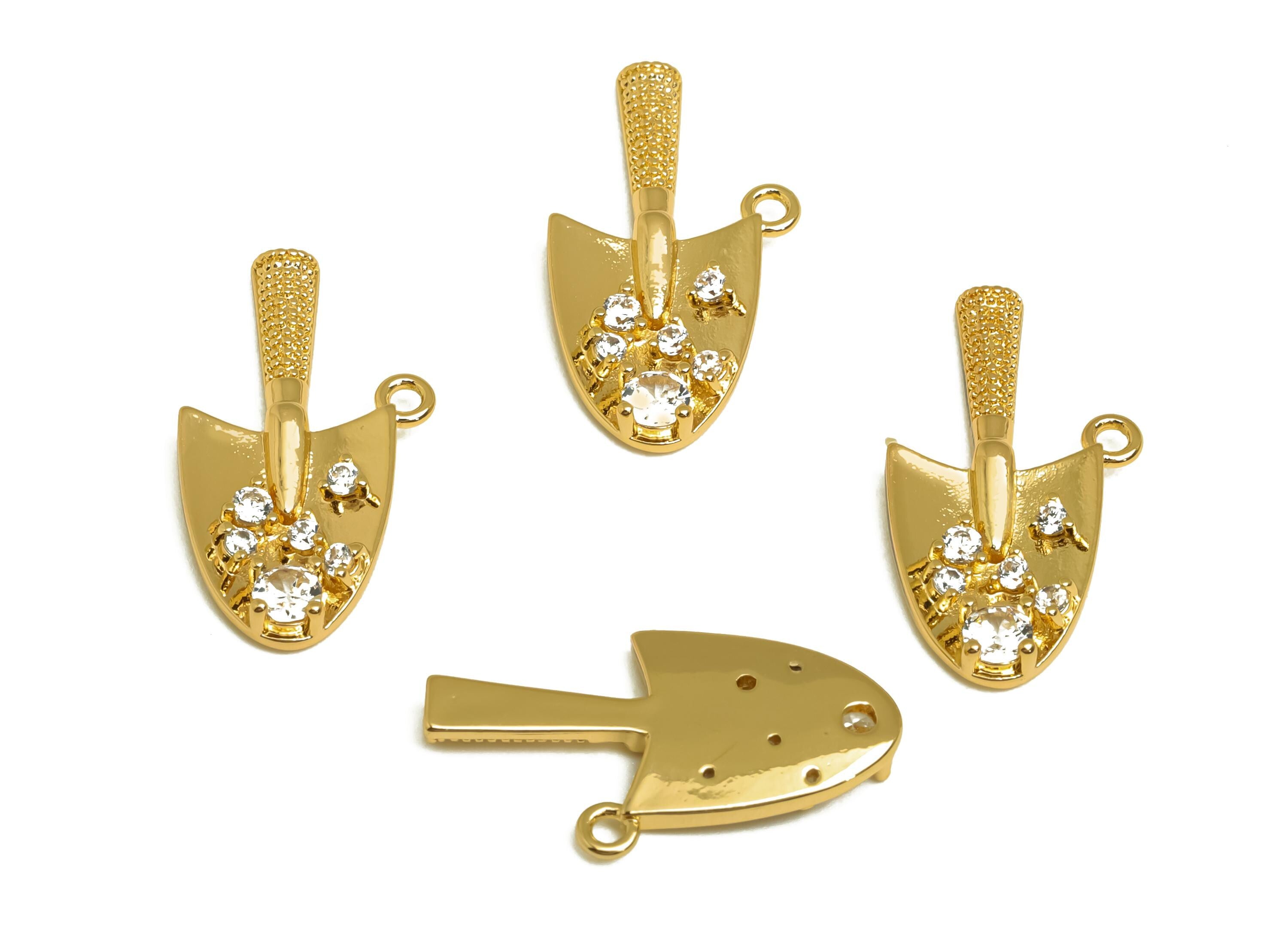 Brass CZ Shovel Earring Charm - Shovel Figure Charm - Cubic Zircon Pendant - Shovel Pendant - 18K Real Gold Plating - 20x10.6x2mm - RGP8184 - DOMEDBAZAAR