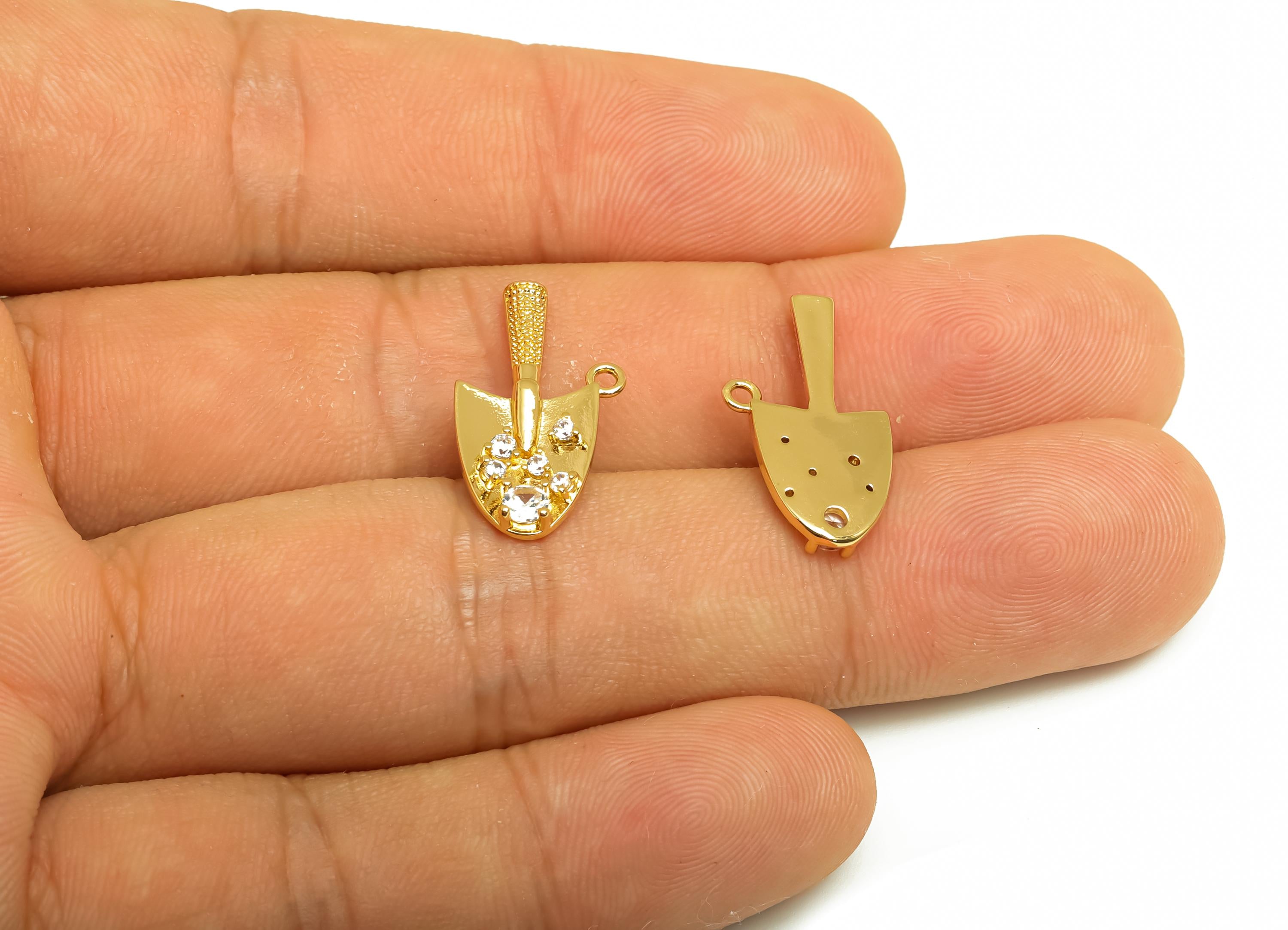 Brass CZ Shovel Earring Charm - Shovel Figure Charm - Cubic Zircon Pendant - Shovel Pendant - 18K Real Gold Plating - 20x10.6x2mm - RGP8184 - DOMEDBAZAAR