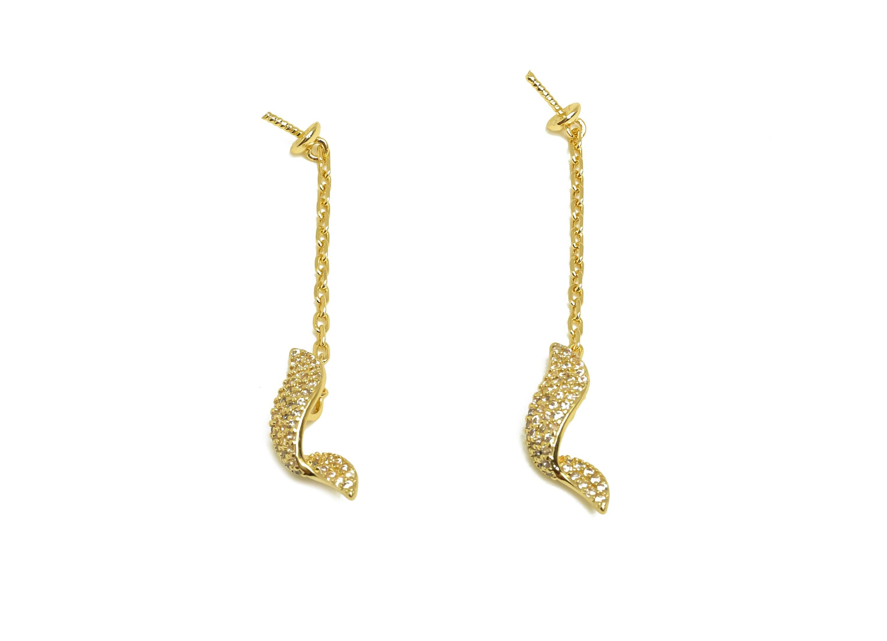 Brass CZ Wavy Earring Wire - Cubic Zircon Twisted Chain Earring - Pearl Setting For Earring - 18K Real Gold Plating - 44x4x4.64mm - RGP8149 - DOMEDBAZAAR
