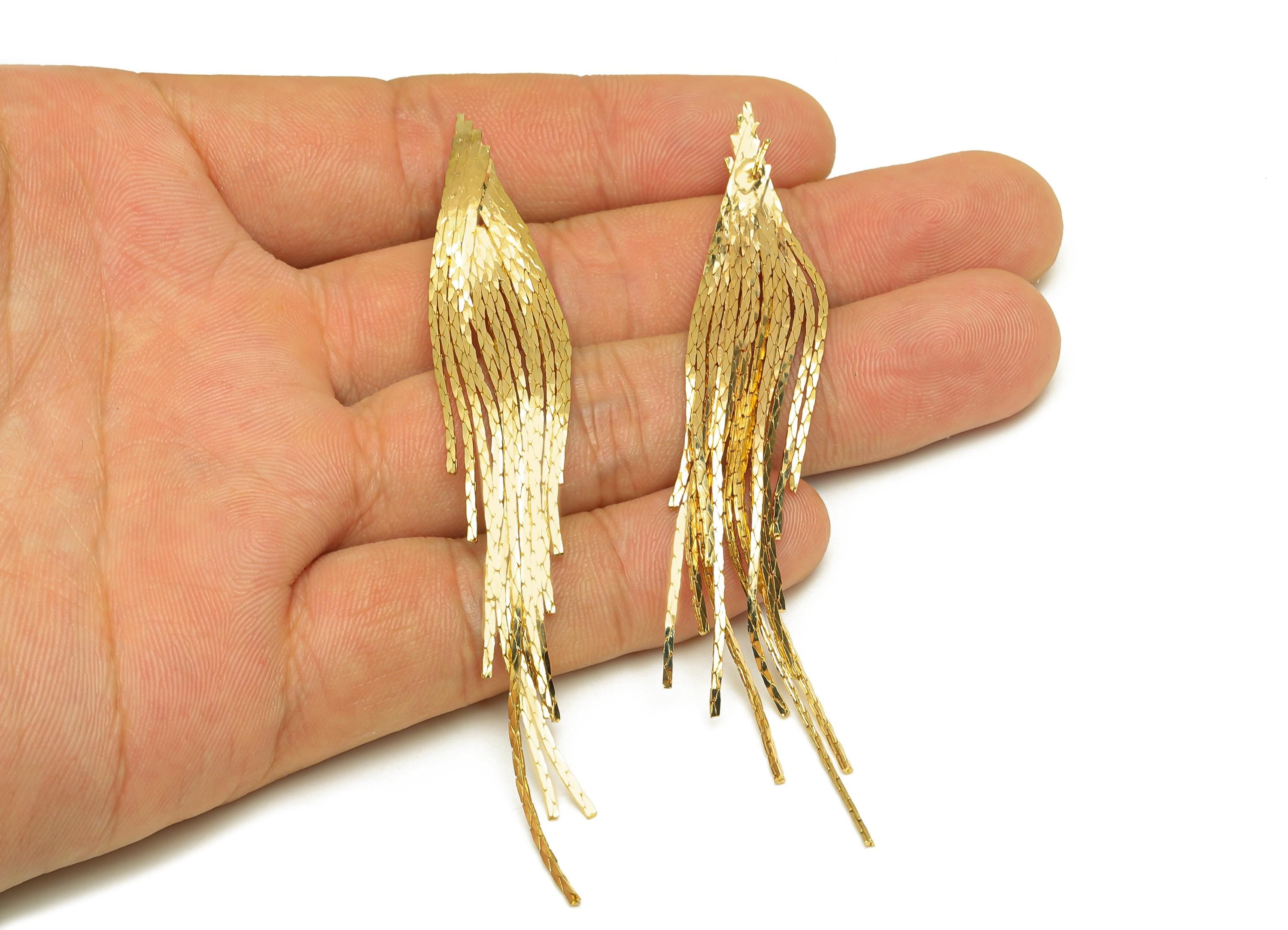 Brass Snake Chain Earring - Gold Long Chain Tassel Earring Stud - Textured Snake Chain Earring Post - 18K Real Gold Plating - 93mm - RGP7691 - DOMEDBAZAAR