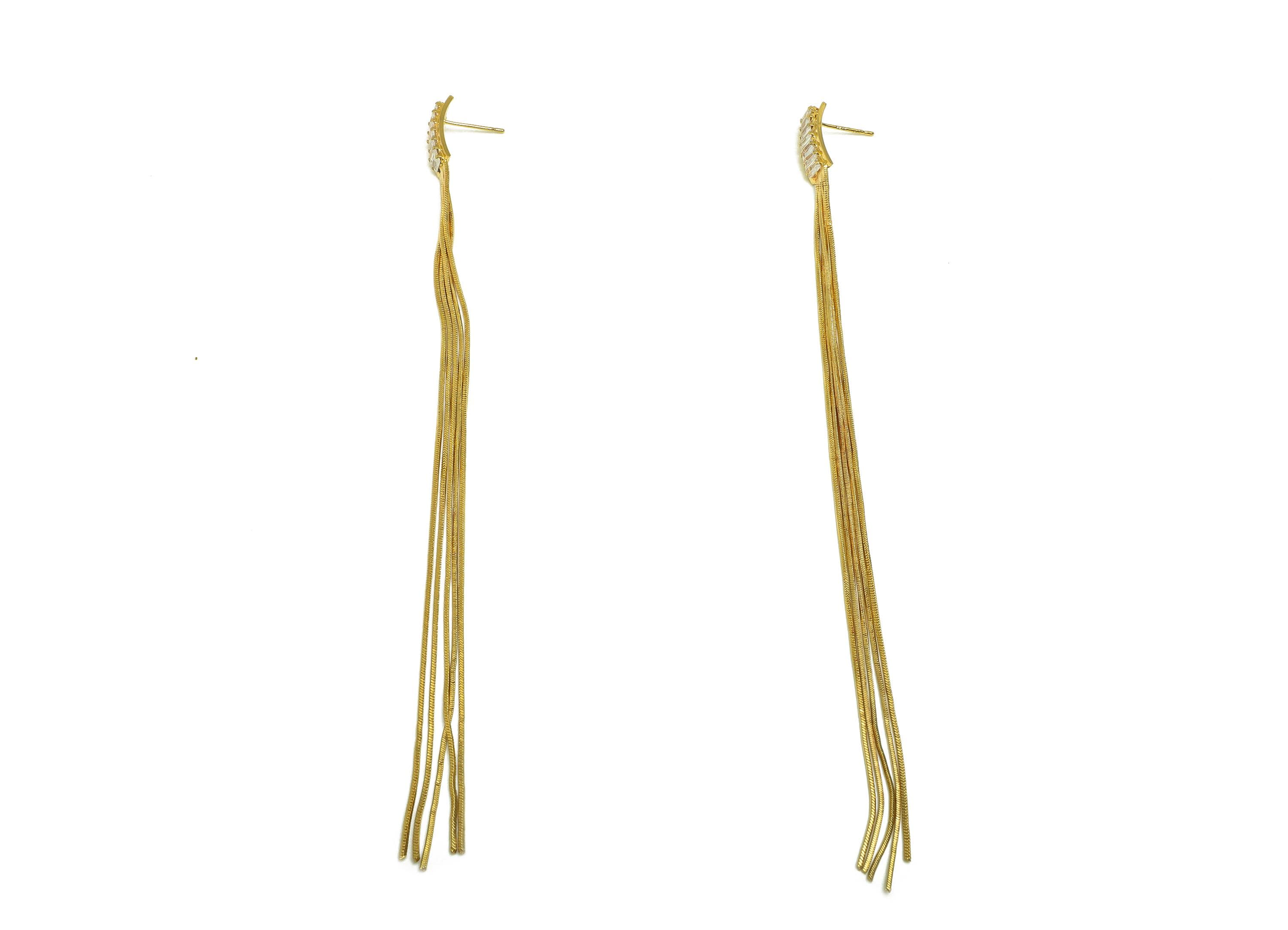 Brass Tassel Chian Ear - Rectangle Zircon Snake Chian Ear Post - Gold Snake Chian Tassel Earring Stud - 18K Real Gold Plated - 150 - RGP7692 - DOMEDBAZAAR