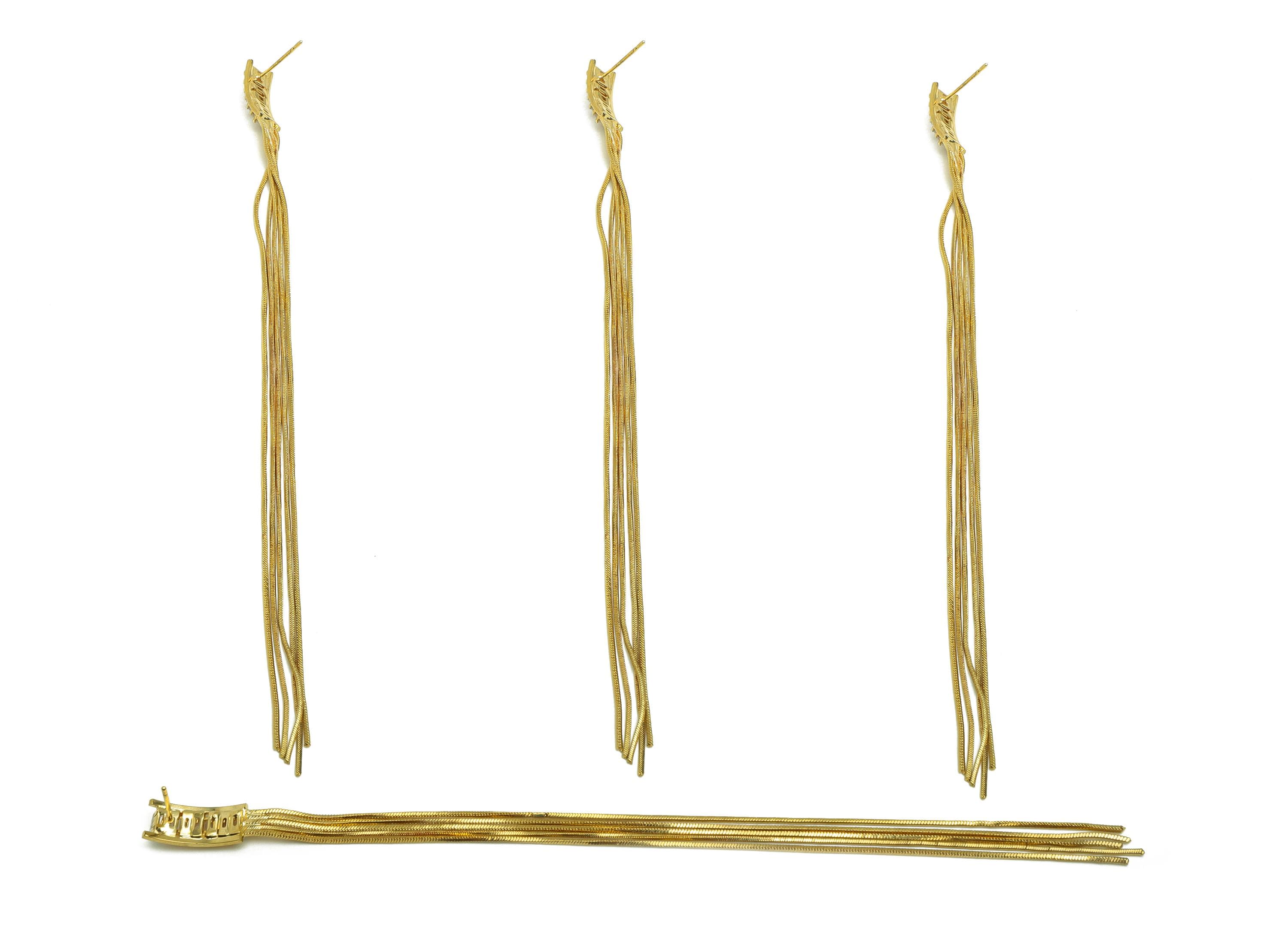 Brass Tassel Chian Ear - Rectangle Zircon Snake Chian Ear Post - Gold Snake Chian Tassel Earring Stud - 18K Real Gold Plated - 150 - RGP7692 - DOMEDBAZAAR