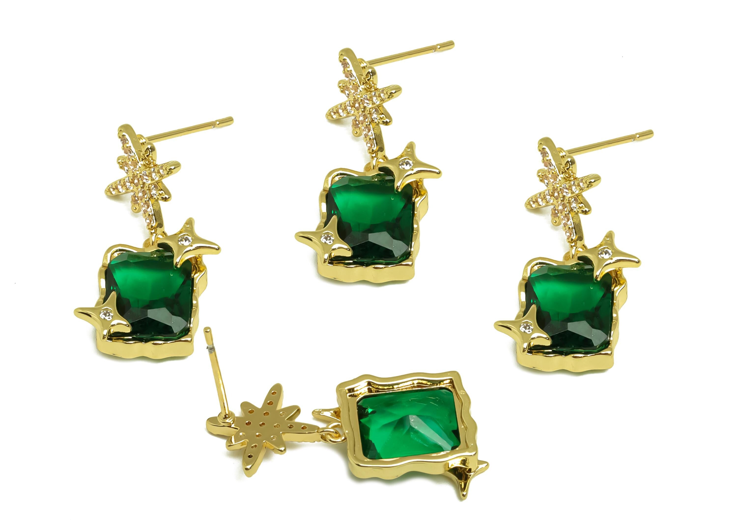 Brass CZ Earring Stud - Brass Dangle Cubic Zircon Earring Post - Star Green CZ Earring Post - 18K Real Gold Plating -25x12x5mm - RGP8152 - DOMEDBAZAAR