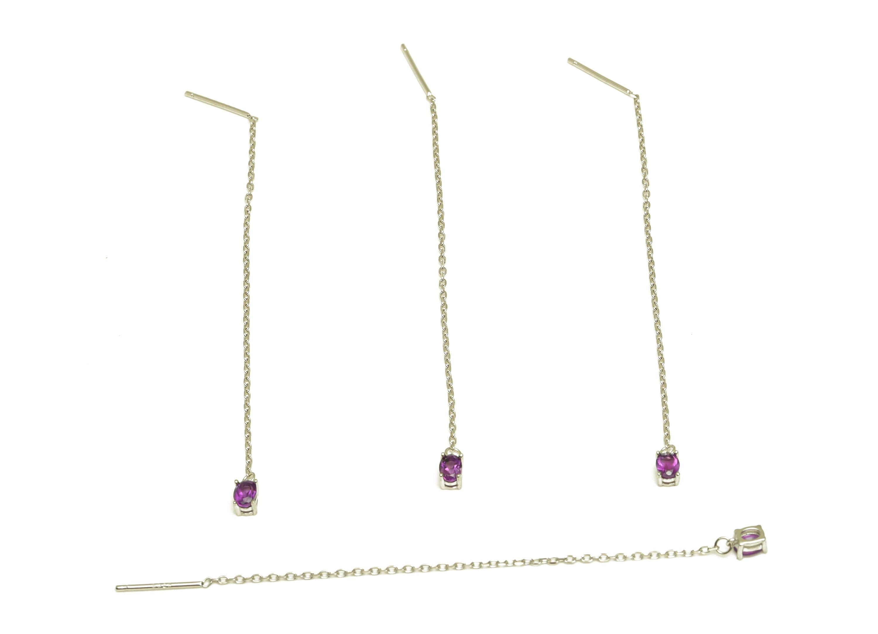 Amethyst Tassel Earring Post - 925 Silver Oval Crystal Earring Post - Natural Stone Dangle Gemstone Silver Earring Post - 82x3mm - RGP7344A - DOMEDBAZAAR