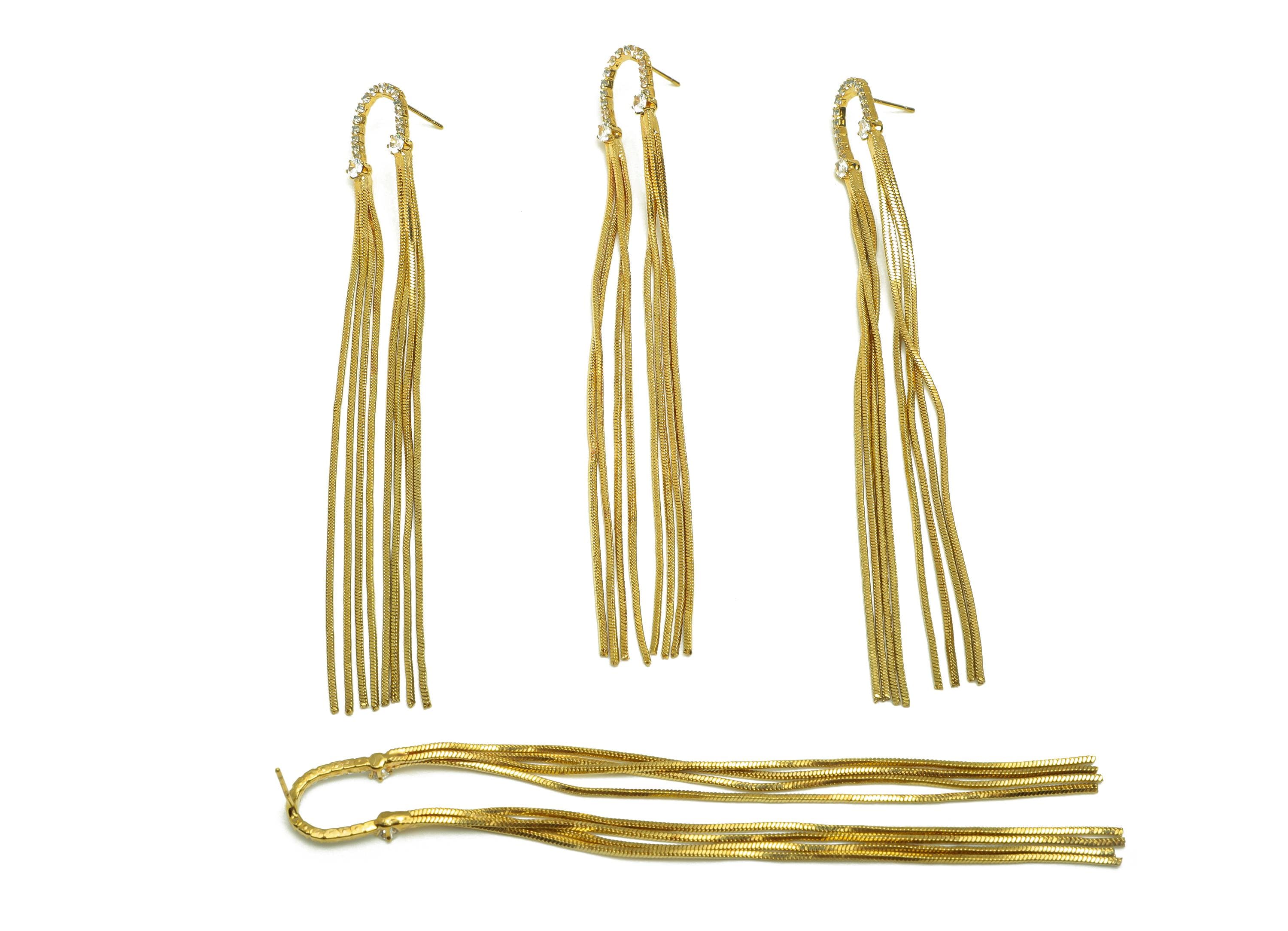 Brass Tassel Chian Ear - Arch Zircon Snake Chian Ear Post - Gold Snake Chian Tassel Earring Stud - 18K Real Gold Plated - 107mm - RGP7694 - DOMEDBAZAAR