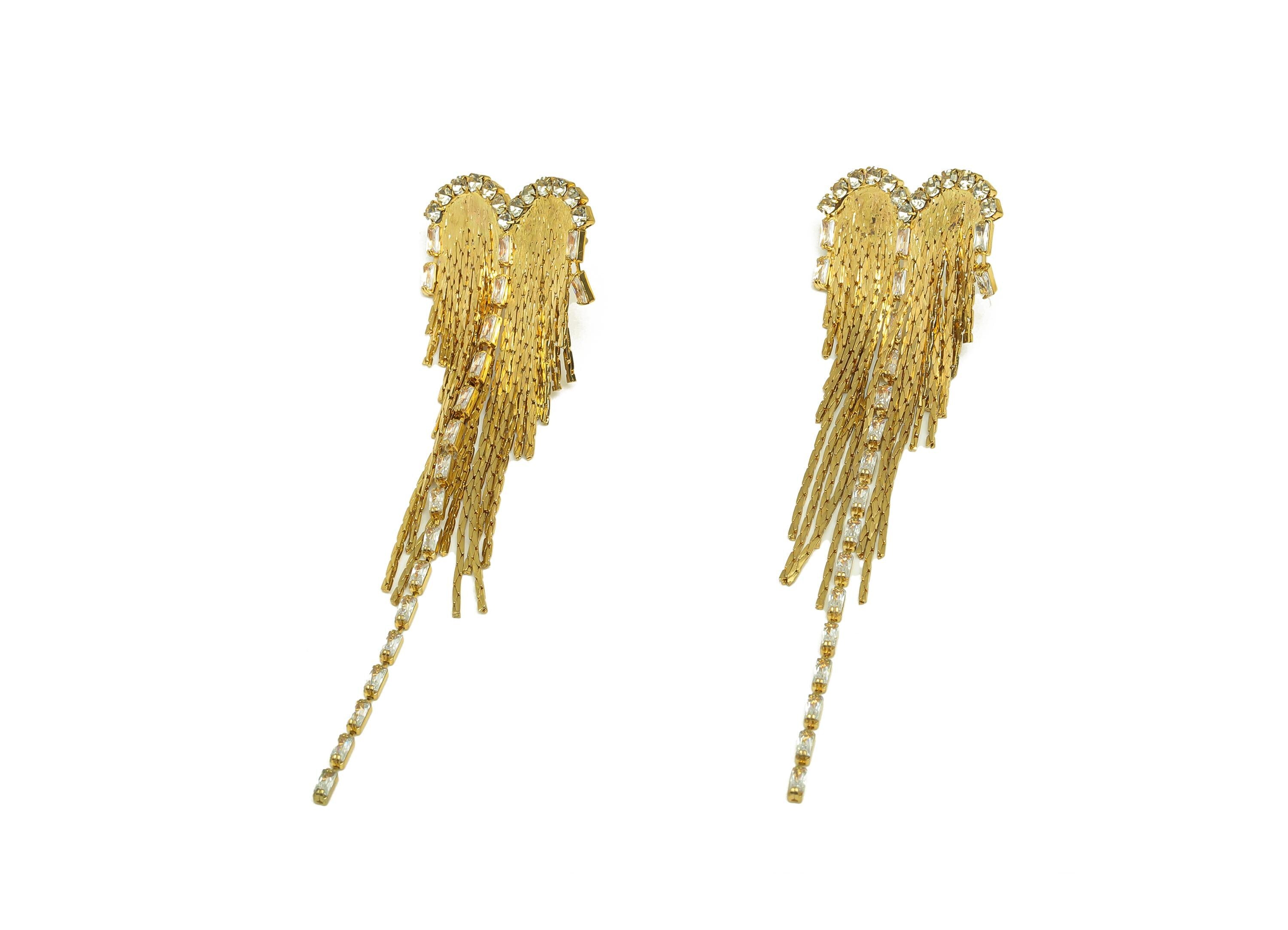 Brass Wings Tassel Earring - Heart Zircon Snake Chian Ear Post - Gold Wings Chian Tassel Earring Stud - 18K Real Gold Plated - 77mm -RGP7695 - DOMEDBAZAAR