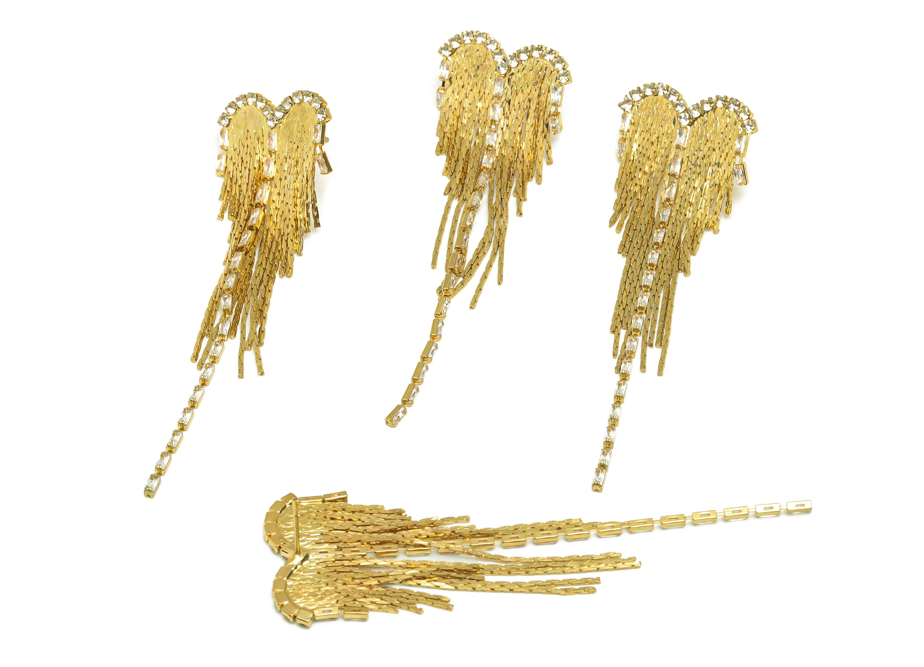 Brass Wings Tassel Earring - Heart Zircon Snake Chian Ear Post - Gold Wings Chian Tassel Earring Stud - 18K Real Gold Plated - 77mm -RGP7695 - DOMEDBAZAAR