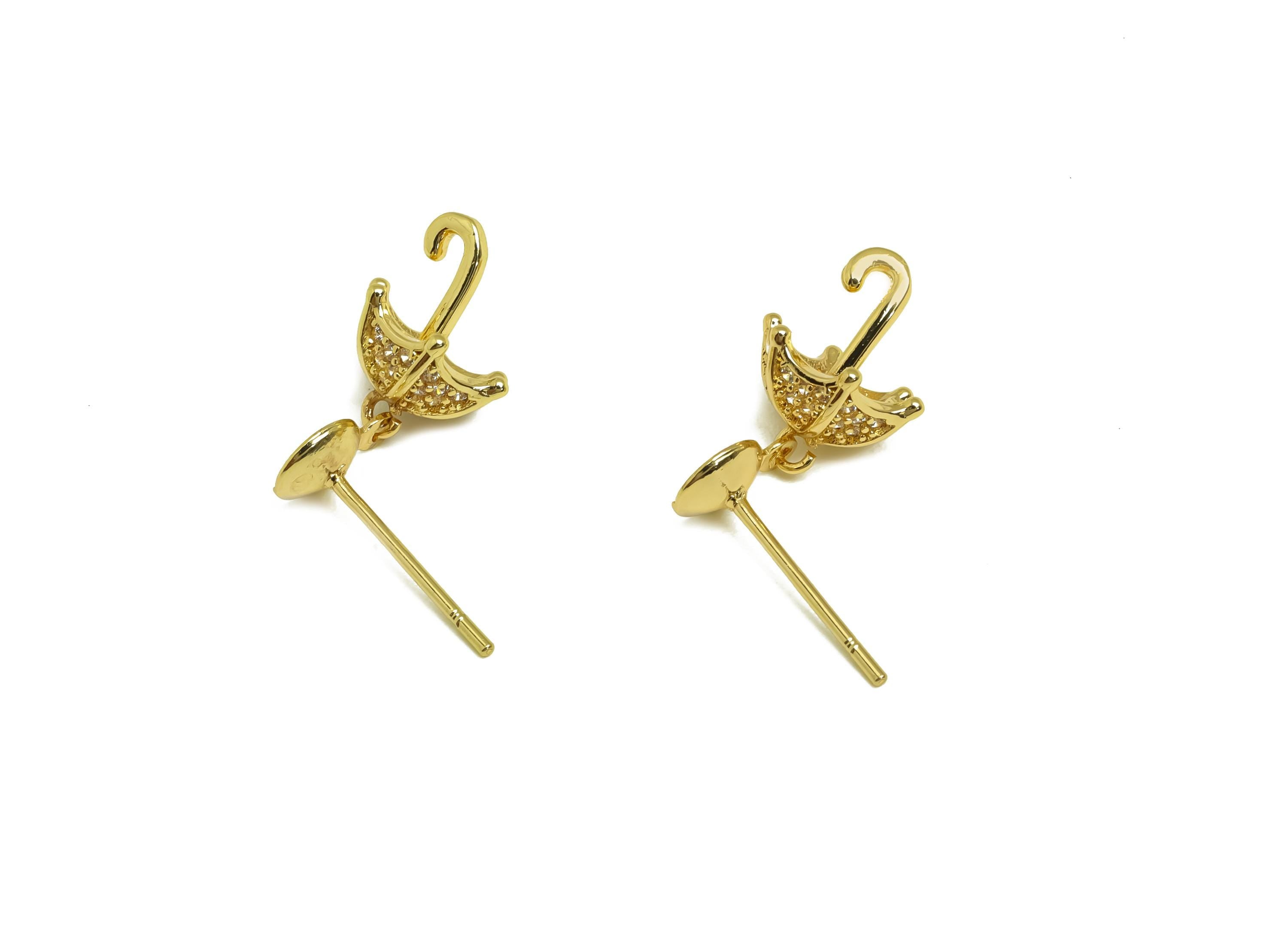 Brass CZ Earring Stud - Brass Umbrella Cubic Zircon Earring Post - Earring For Pearl Setting - 18K Real Gold Plating - 42x8.03x8mm - RGP8151 - DOMEDBAZAAR