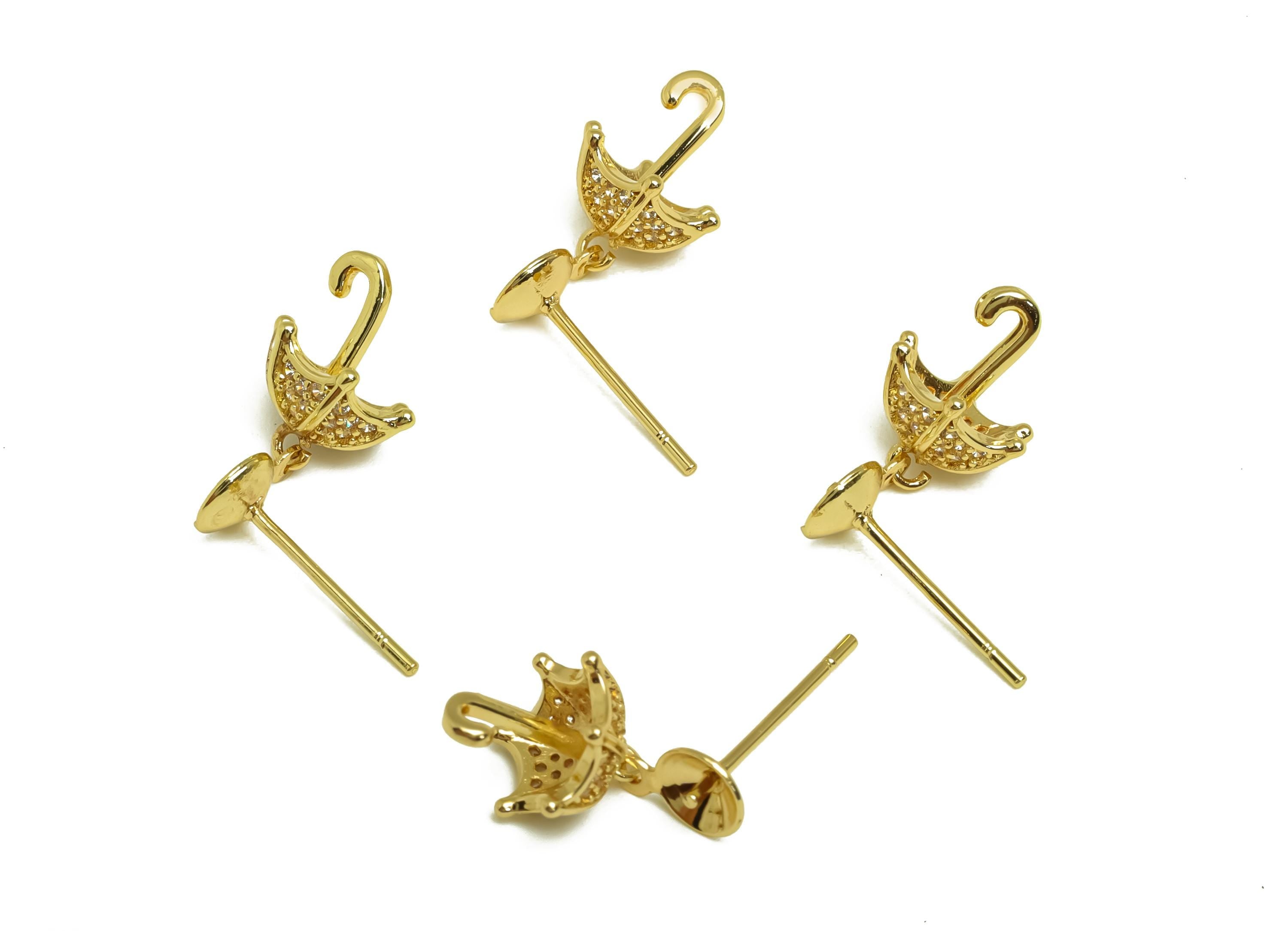 Brass CZ Earring Stud - Brass Umbrella Cubic Zircon Earring Post - Earring For Pearl Setting - 18K Real Gold Plating - 42x8.03x8mm - RGP8151 - DOMEDBAZAAR