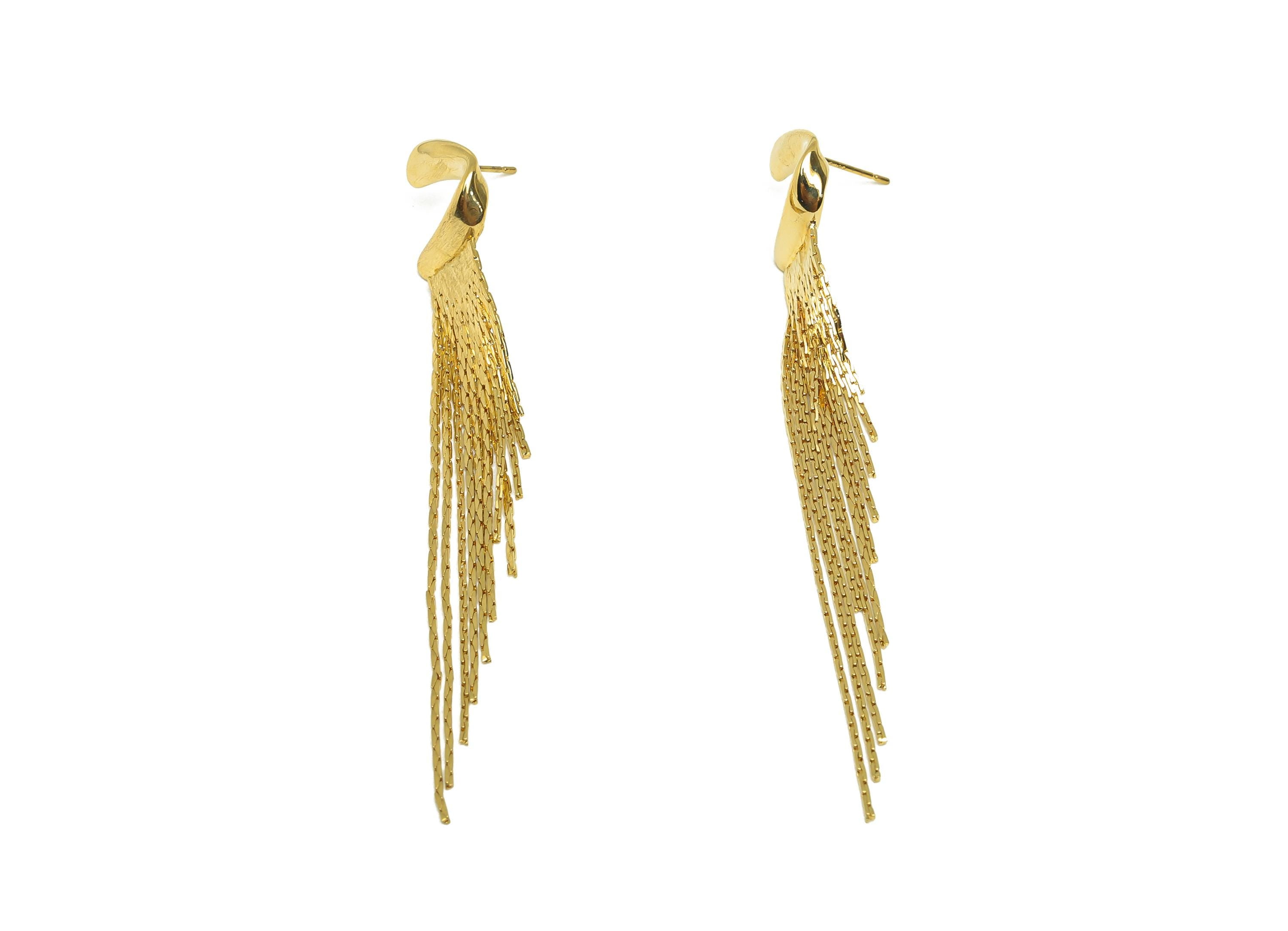 Brass Snake Chain Earring - Gold C Wave Tassel Earring Stud - Twisted Wave Snake Chain Earring Post - 18K Real Gold Plating - 85mm - RGP7698 - DOMEDBAZAAR