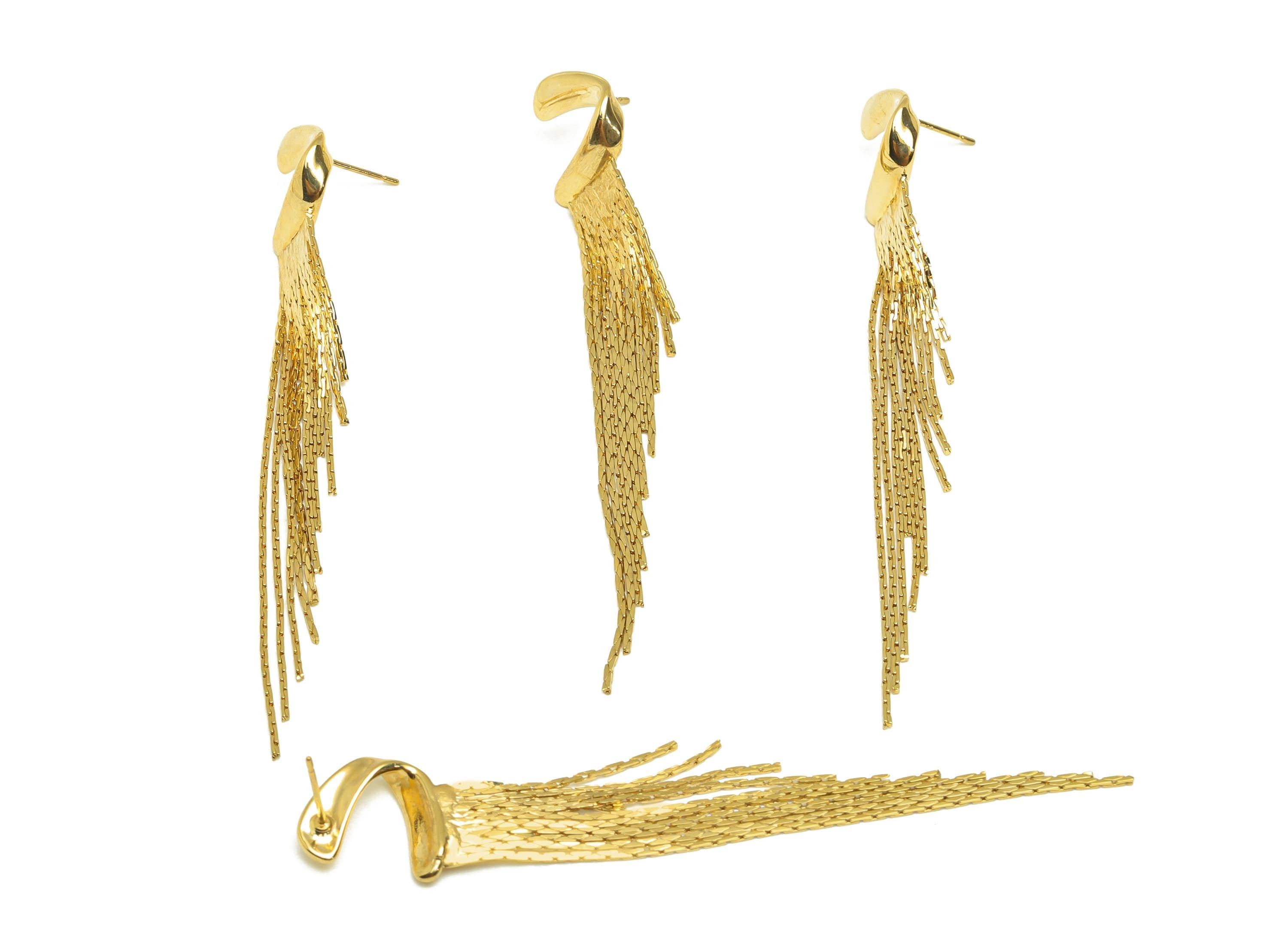 Brass Snake Chain Earring - Gold C Wave Tassel Earring Stud - Twisted Wave Snake Chain Earring Post - 18K Real Gold Plating - 85mm - RGP7698 - DOMEDBAZAAR
